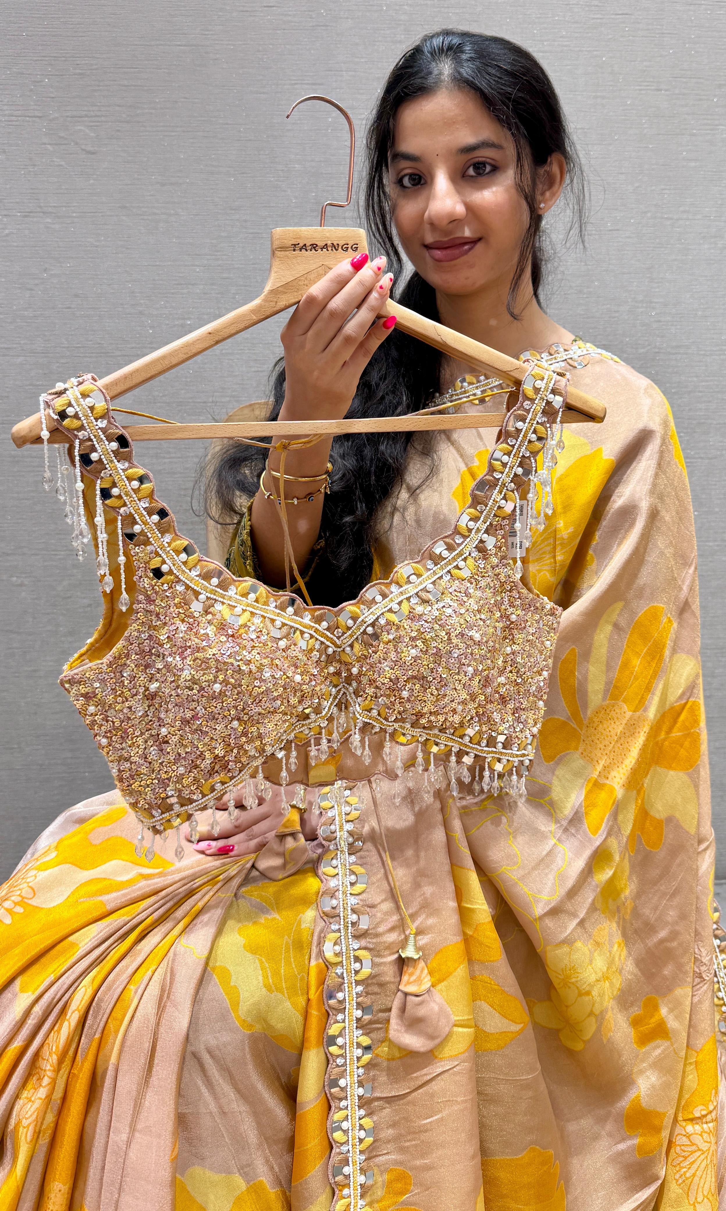 Mango Yellow digital printed tissue silk saree with ready blouse