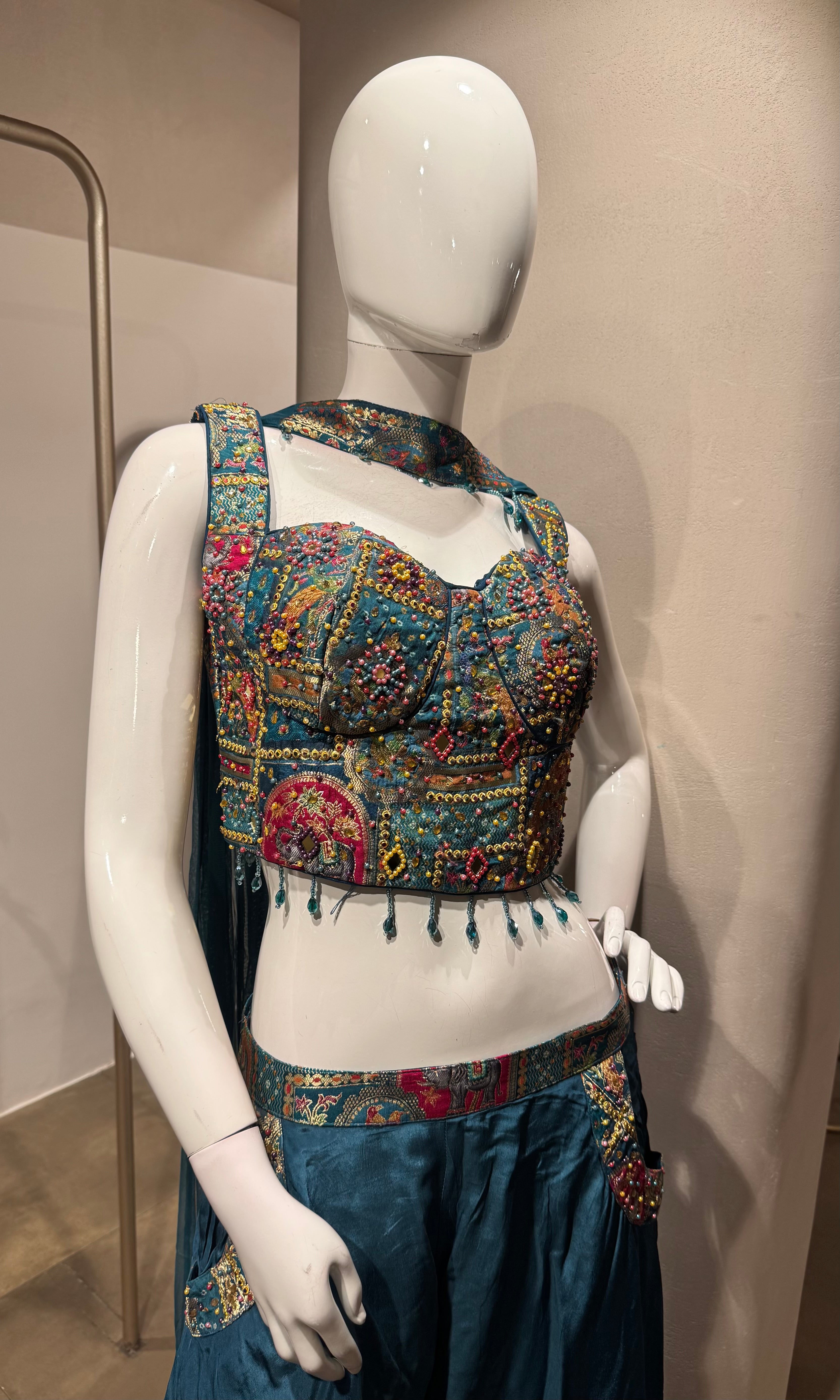 Blue Embellished Crop Top and Palazzo Pant