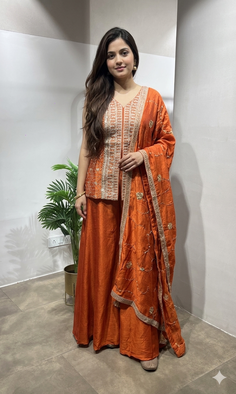 Rust Embroidered Silk Palazzo set