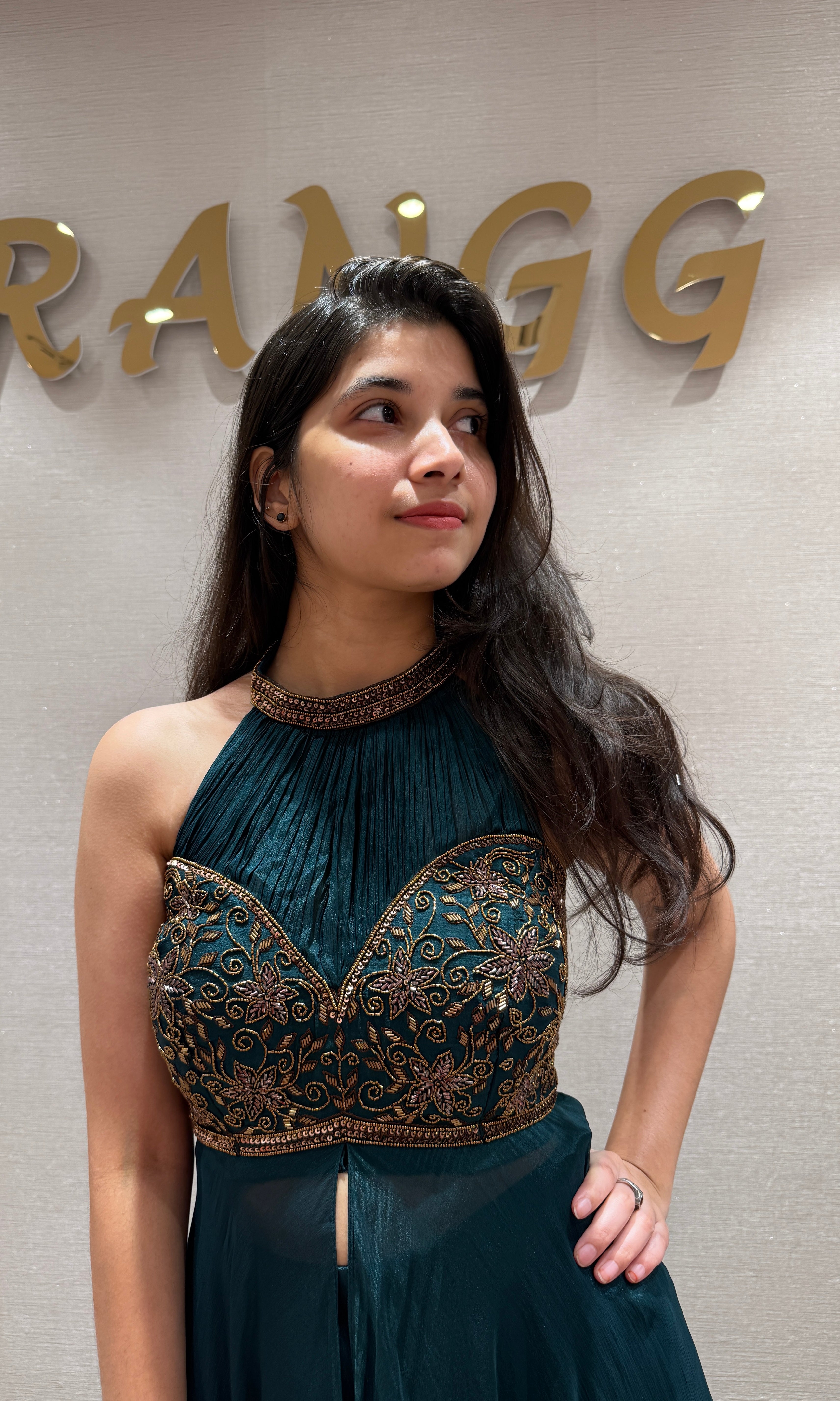 Peacock blue halter neck front silt gown