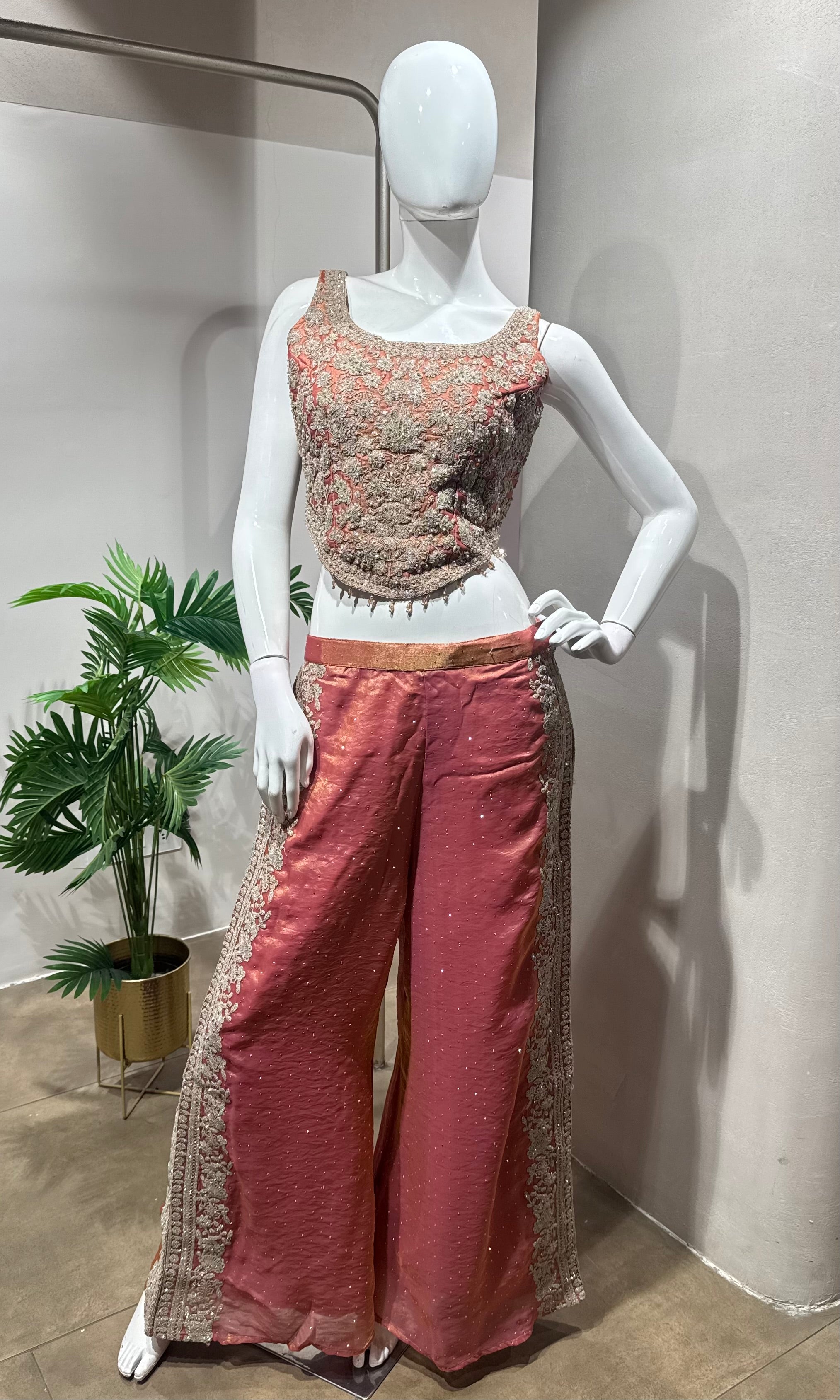 Peach Banarasi Tissue Silk Ensemble Palazzo set