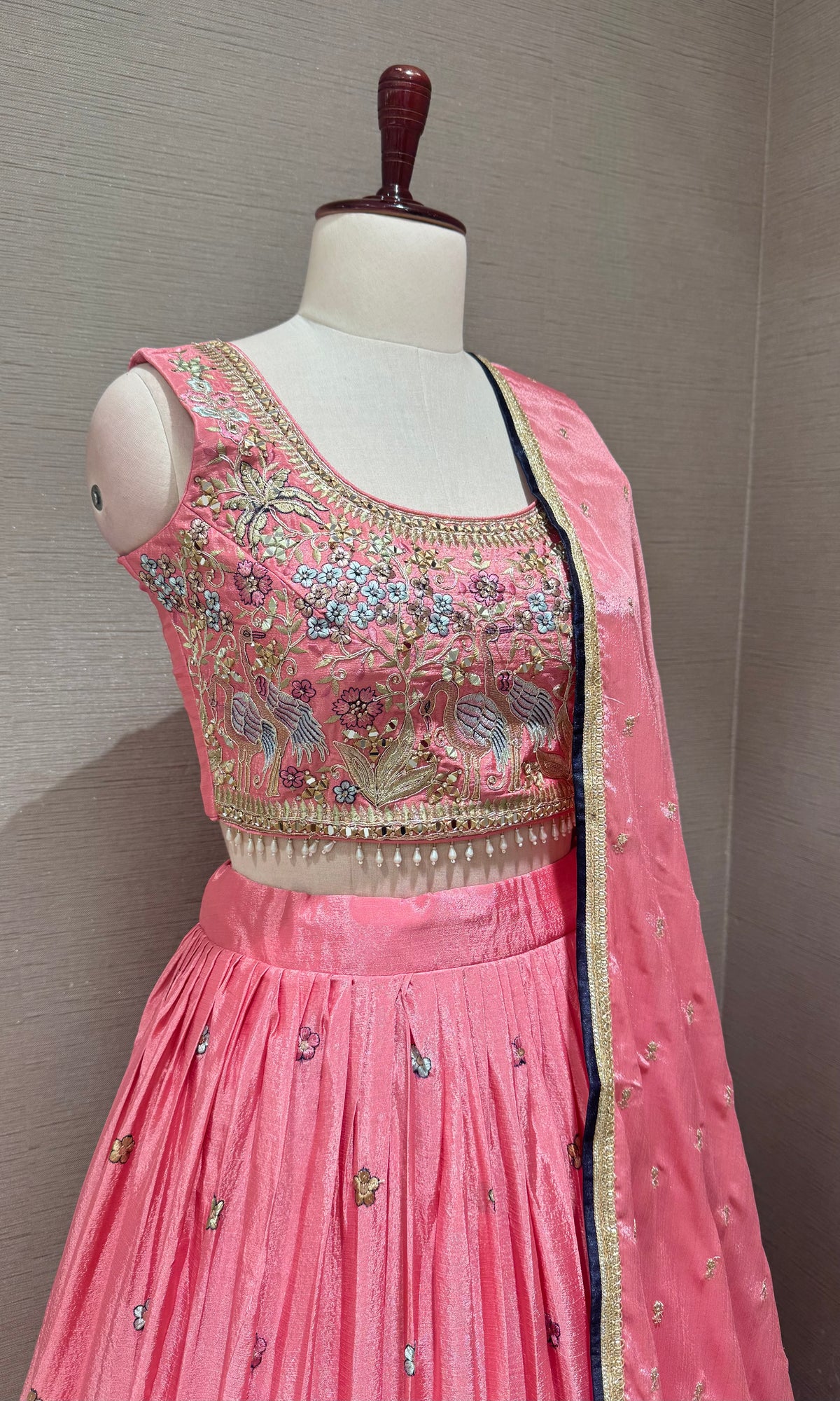blush Pink Tissue silk Forest Floral Lehenga set