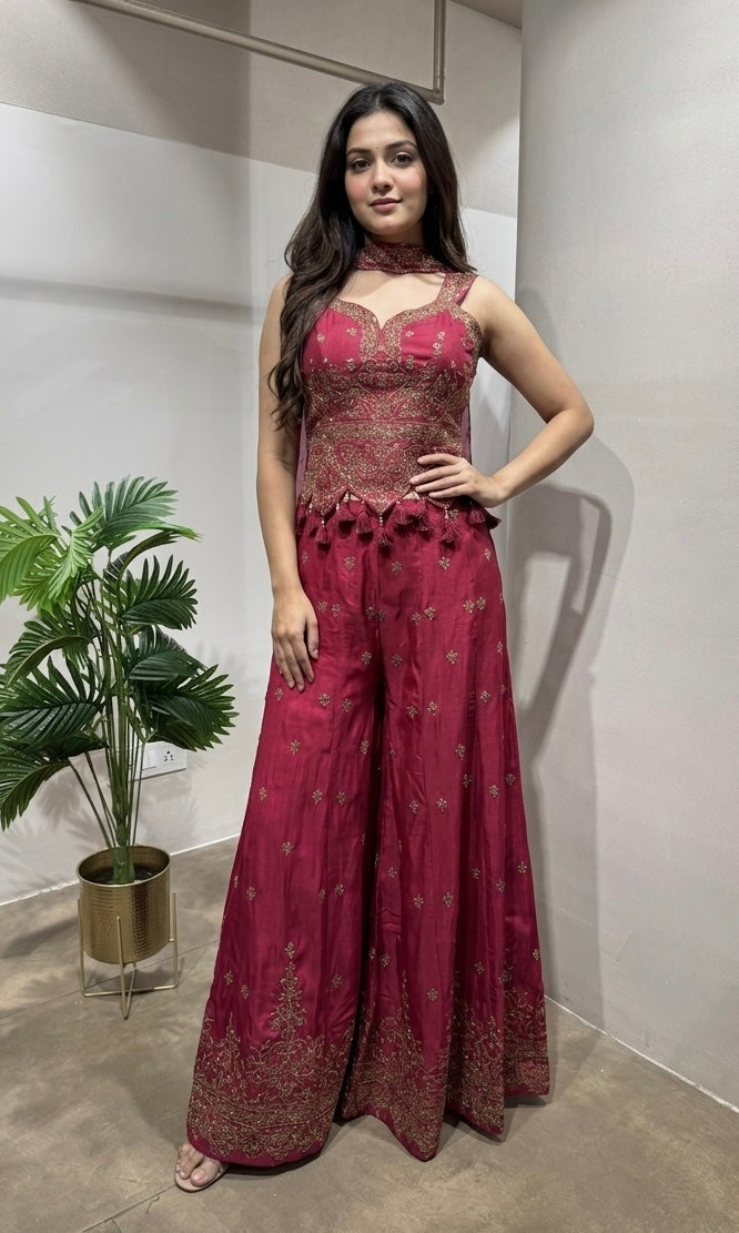 Pink Embroidered Peplum & Palazzo Ensemble