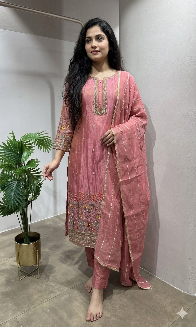 LIGHT Pink Printed Silk Blend Straight Kurta Set
