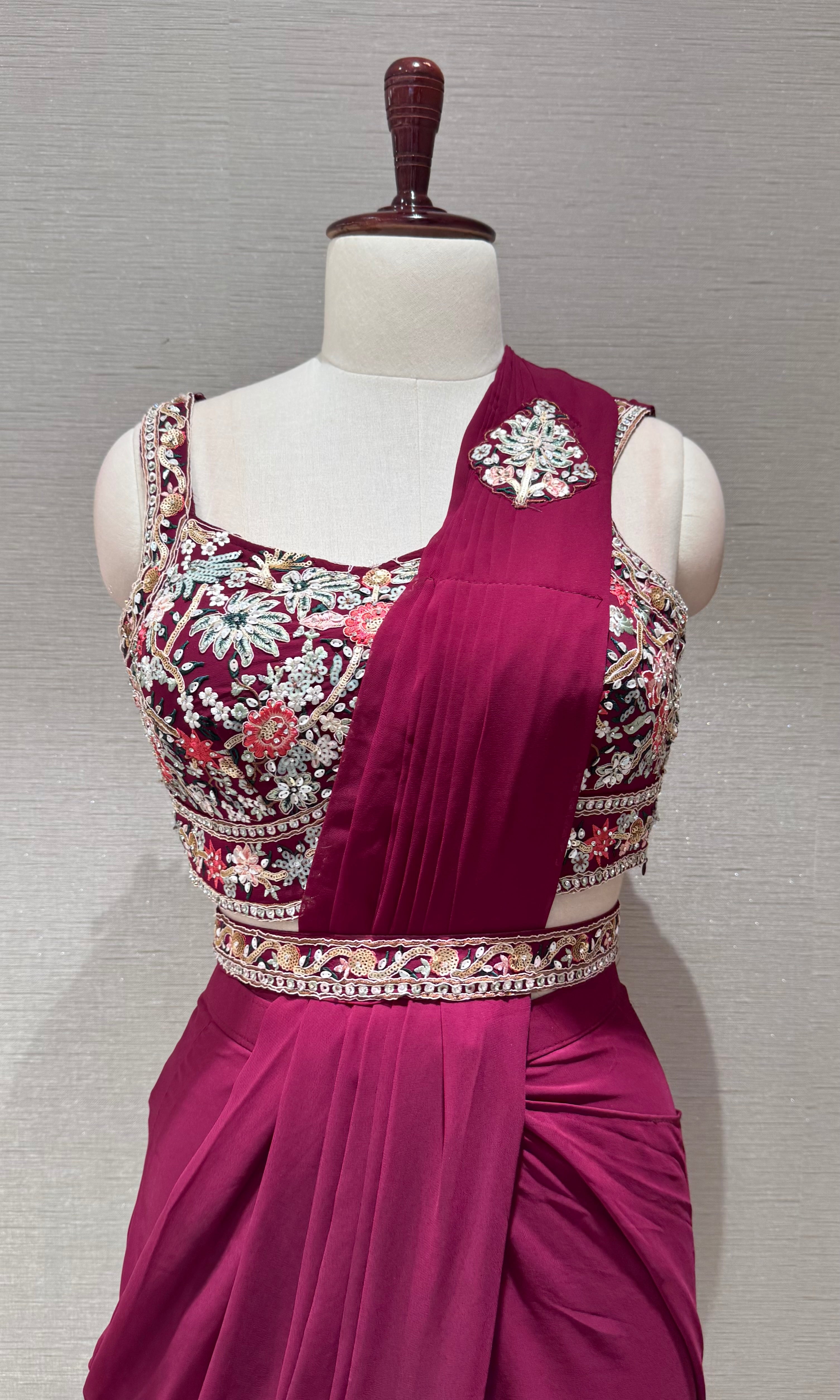 Wine Draped Saree with Floral Embroidered Blouse & Belt