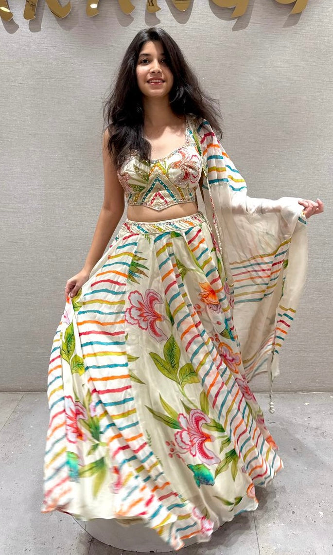CREAM Rainbow Stripe Floral Lehenga