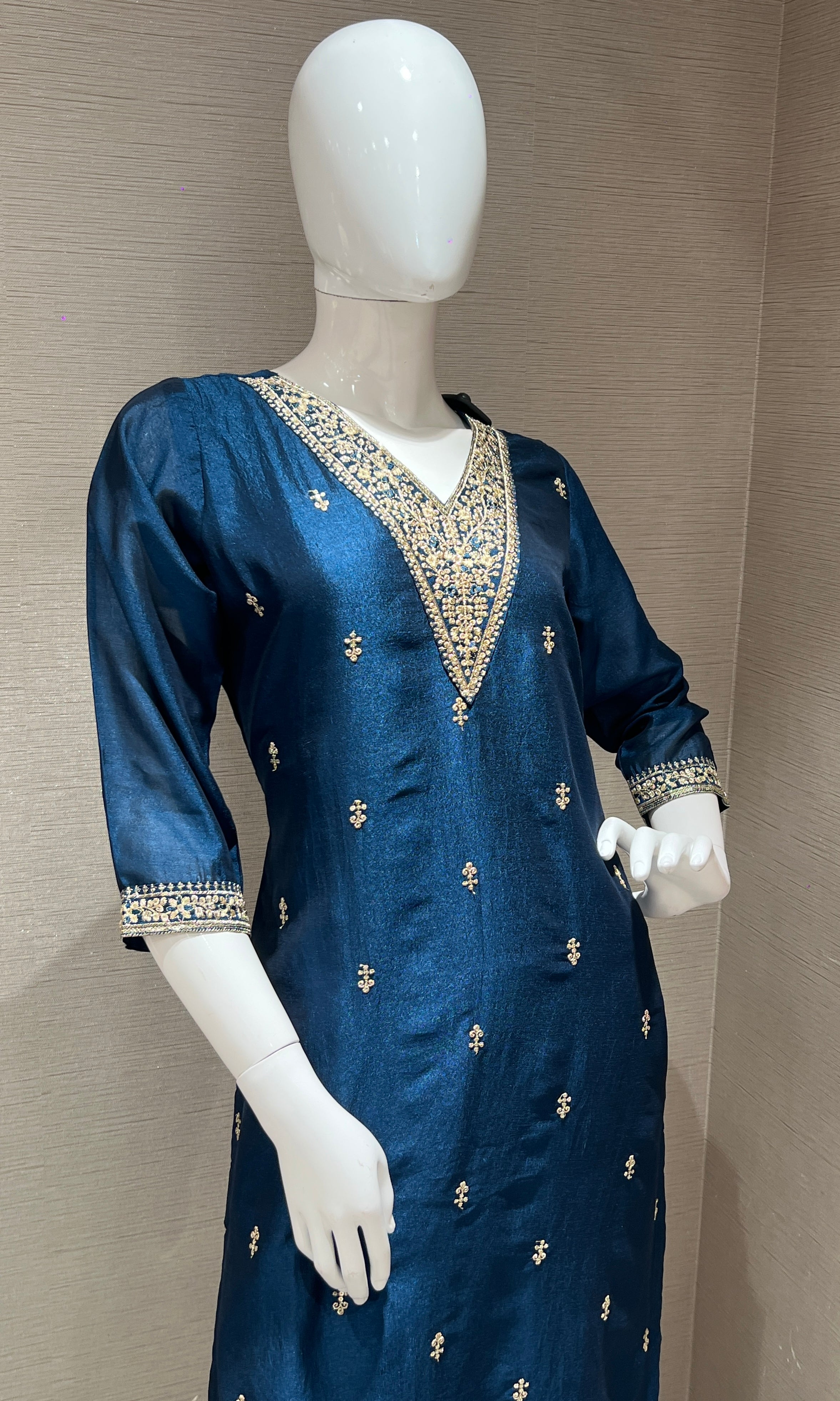 peacock blue kurta set with gold duppatta