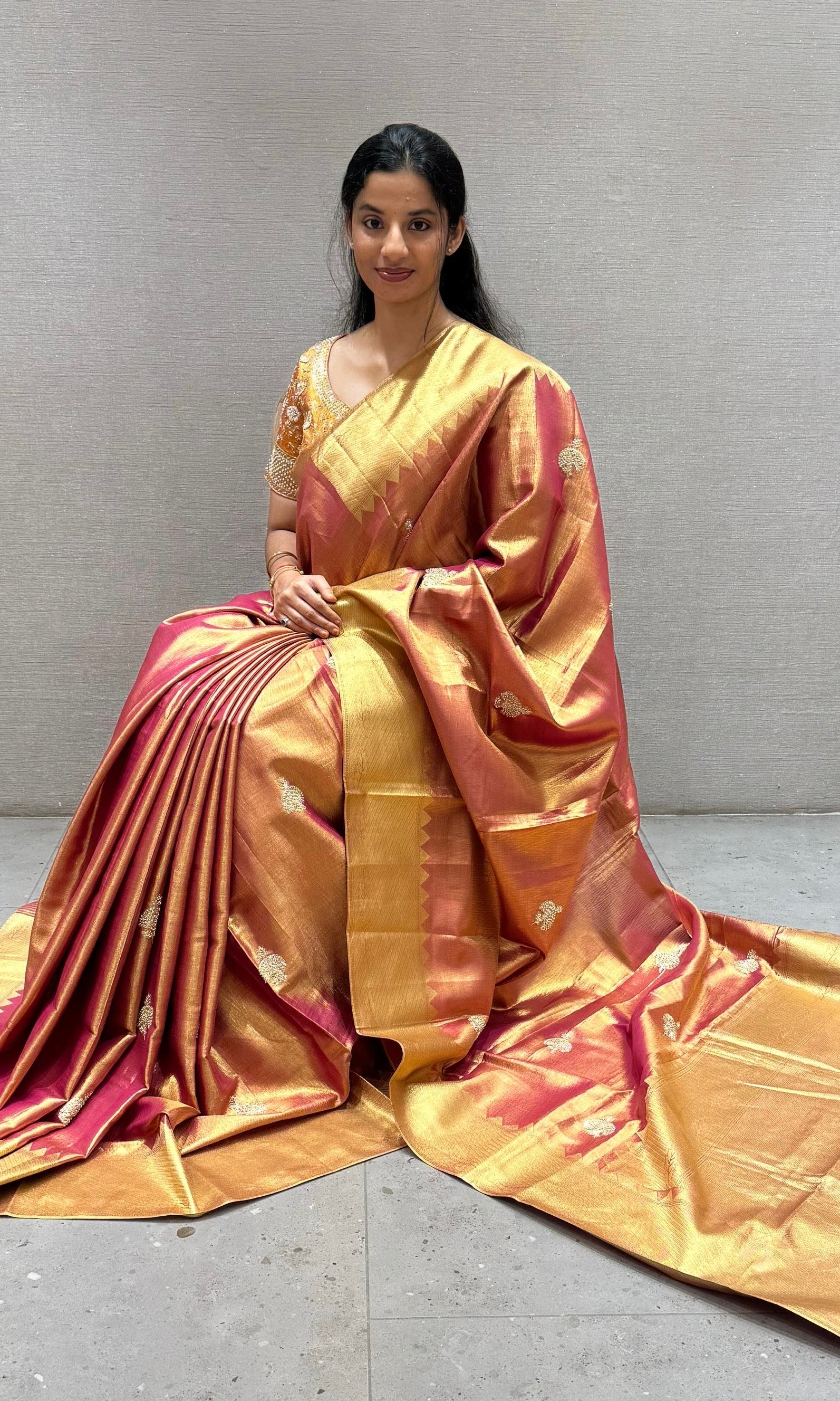 Rust orange and gold saree with ready blouse