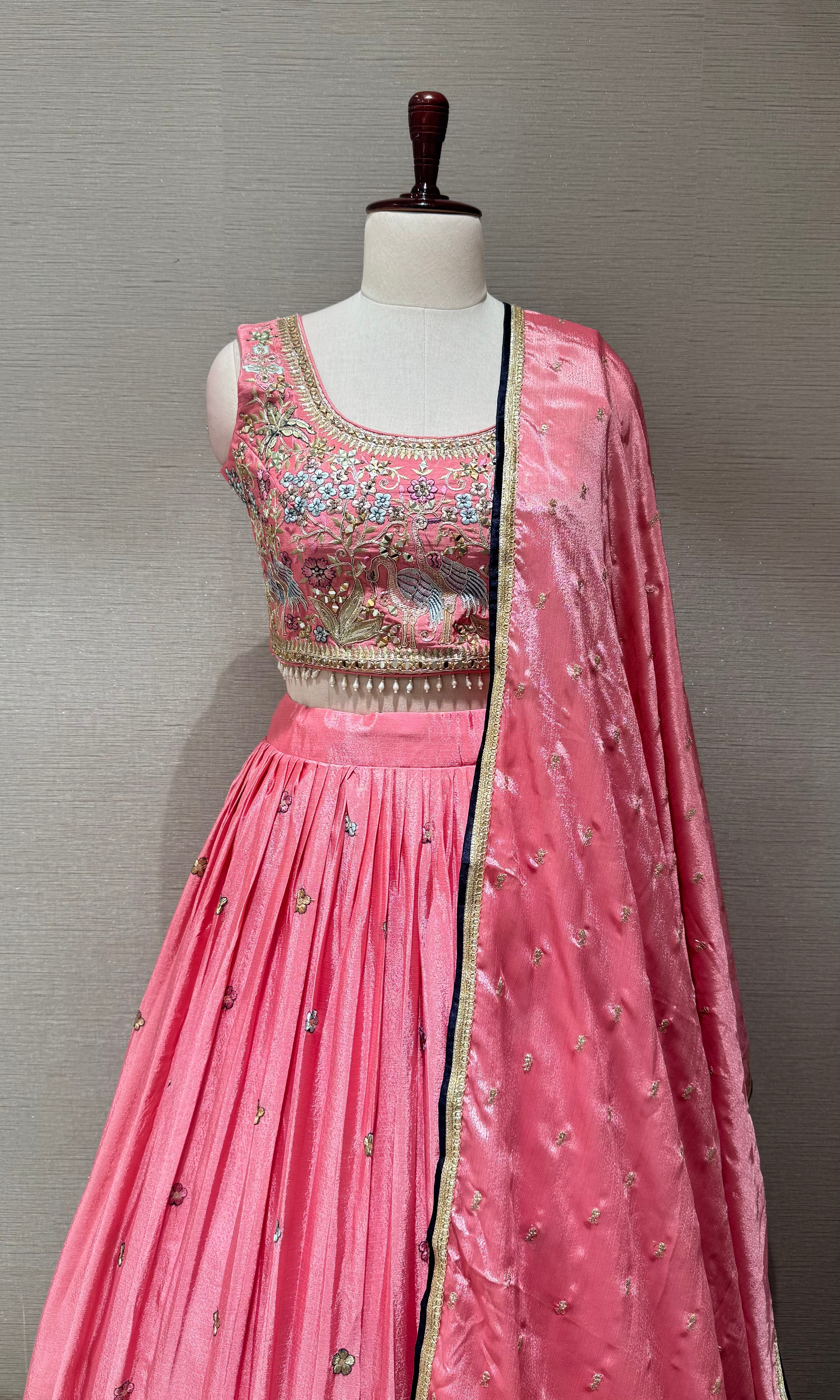 blush Pink Tissue silk Forest Floral Lehenga set