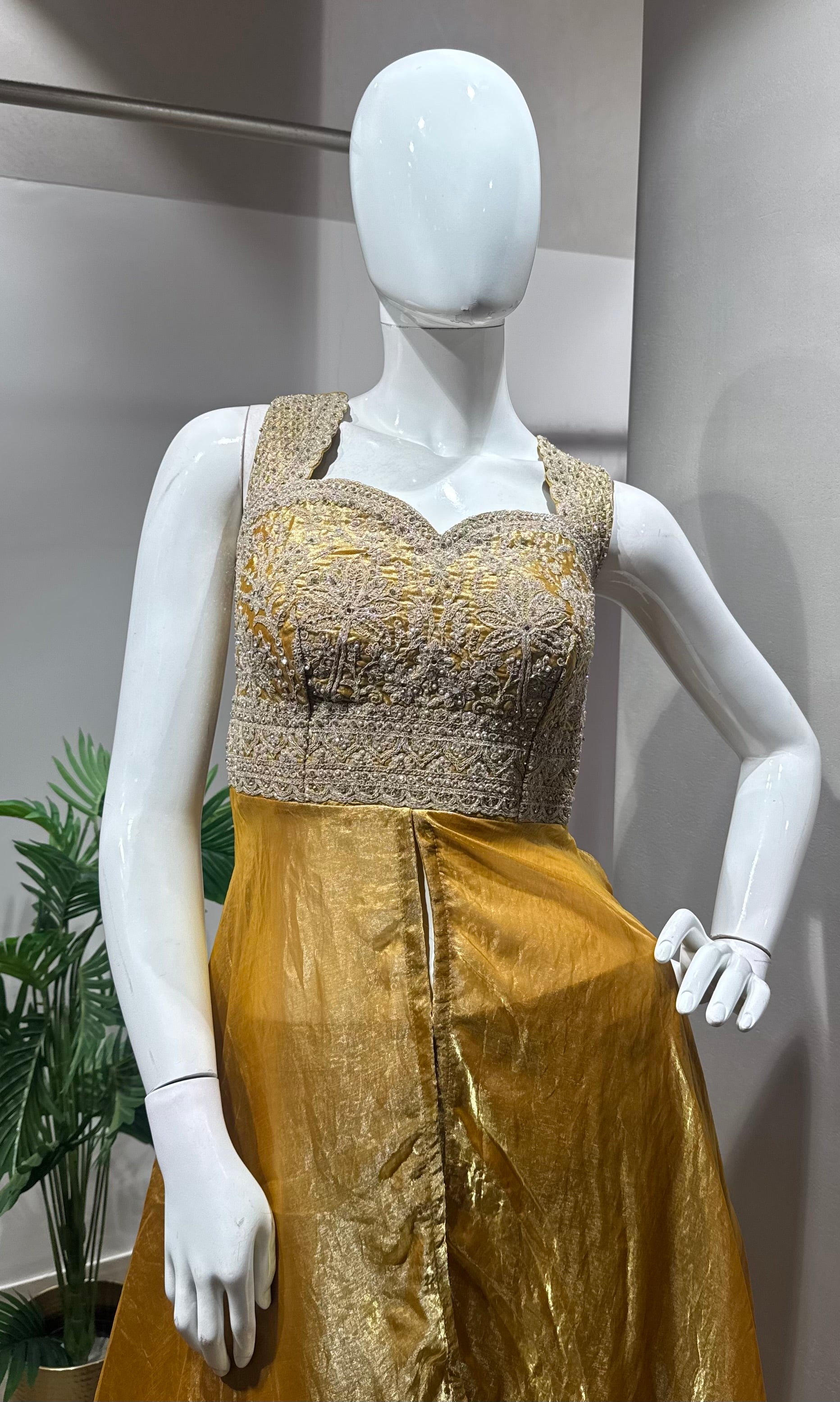 Yellow Silk Palazzo Suit with Embroidered Bodice