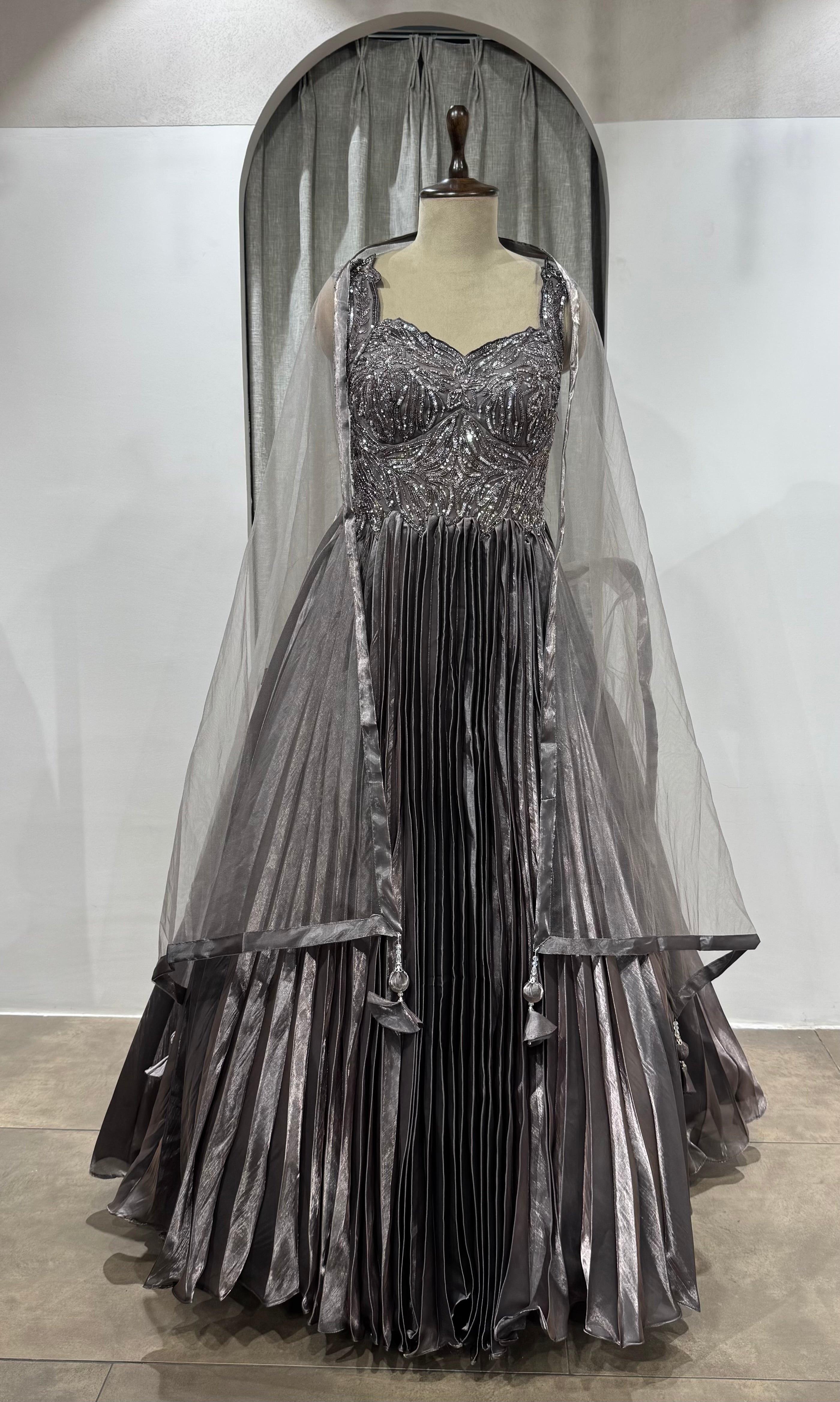 GREY Embellished net lehenga set.