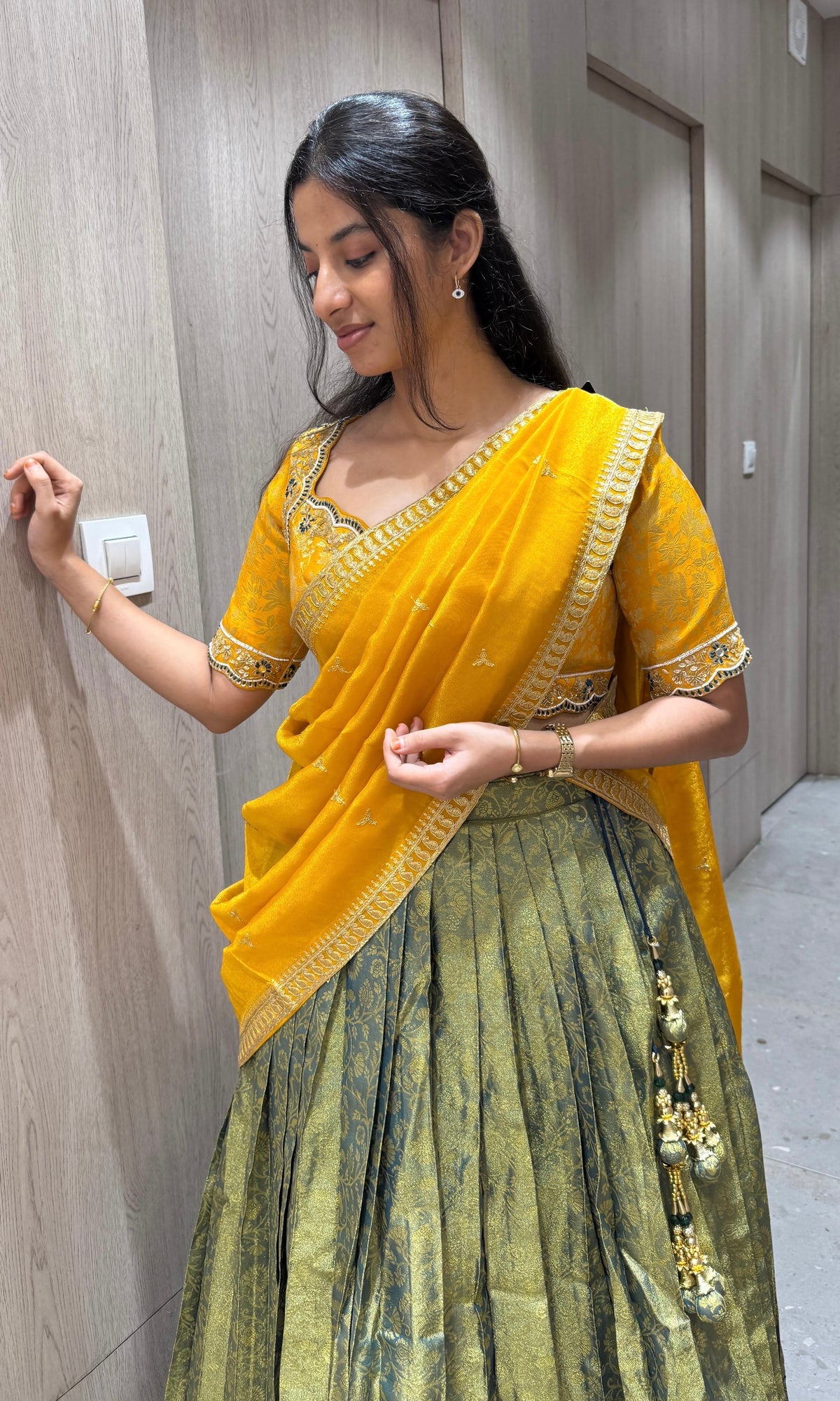 Green and yellow pattu Lehenga