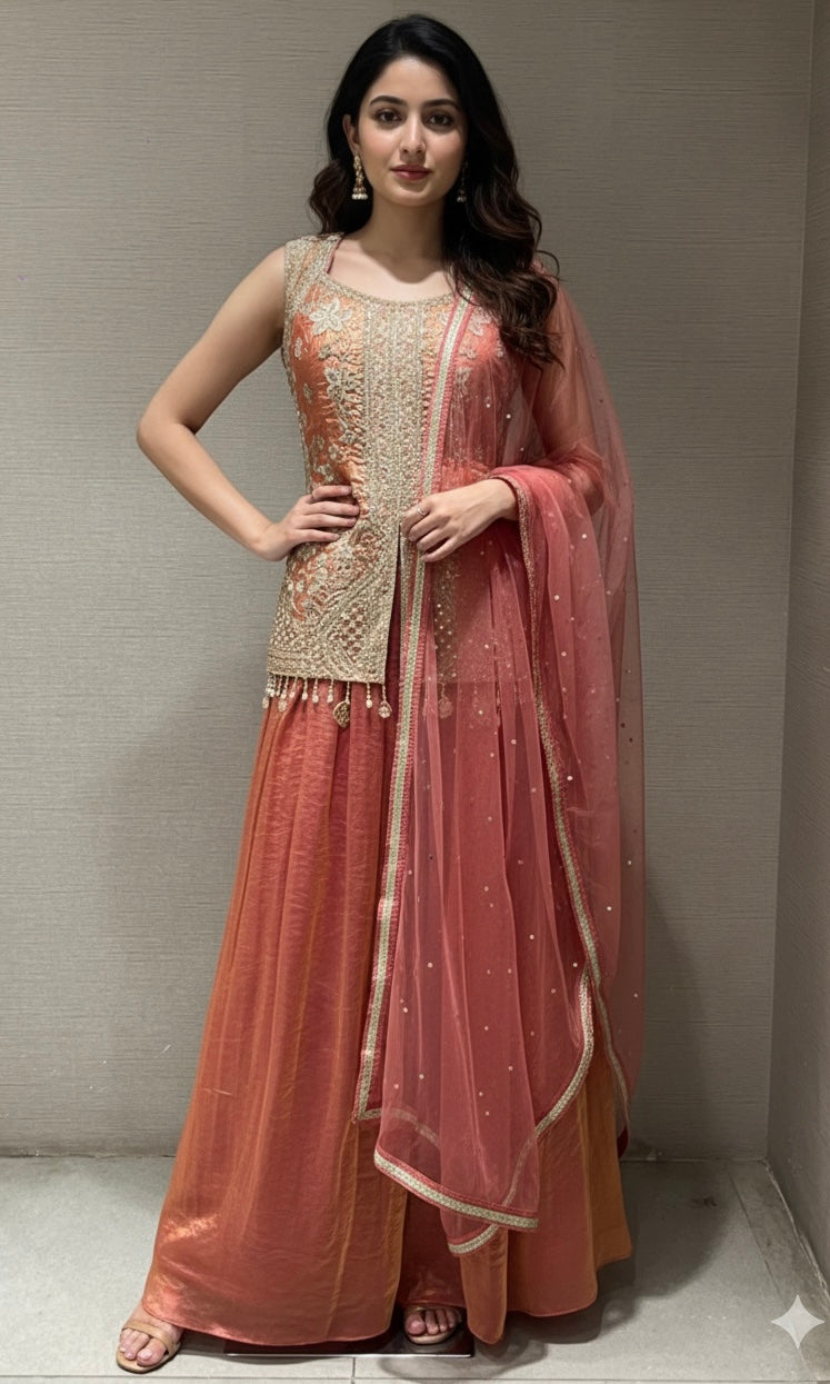 RUST INTRICATE EMBROIDERED PALAZZO SET