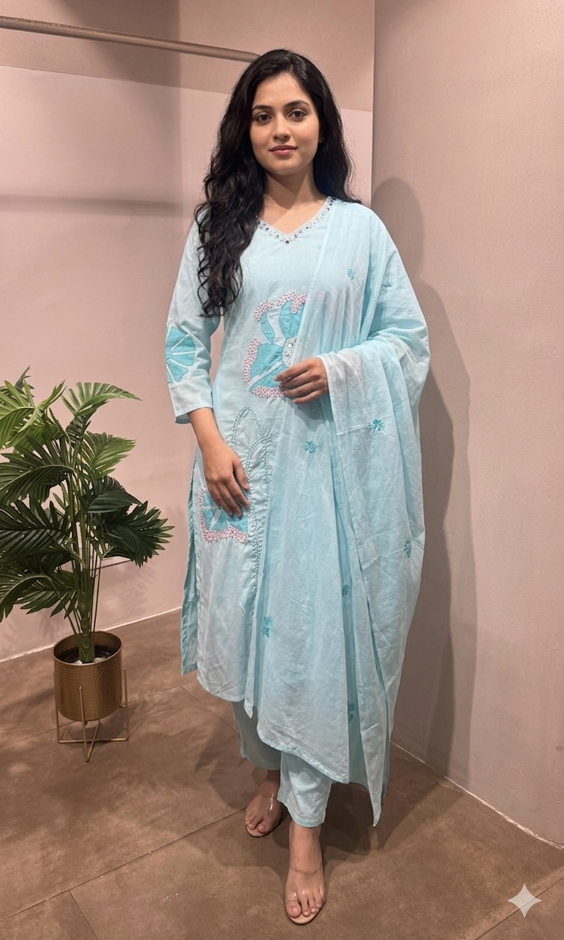 Sky Blue Floral Embroidered kurta set