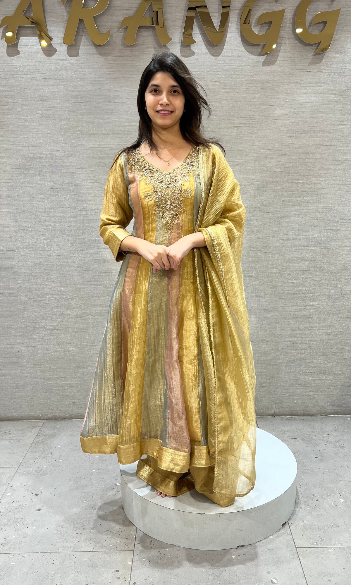 Gold Tissue silk anarkali set with dupatta
