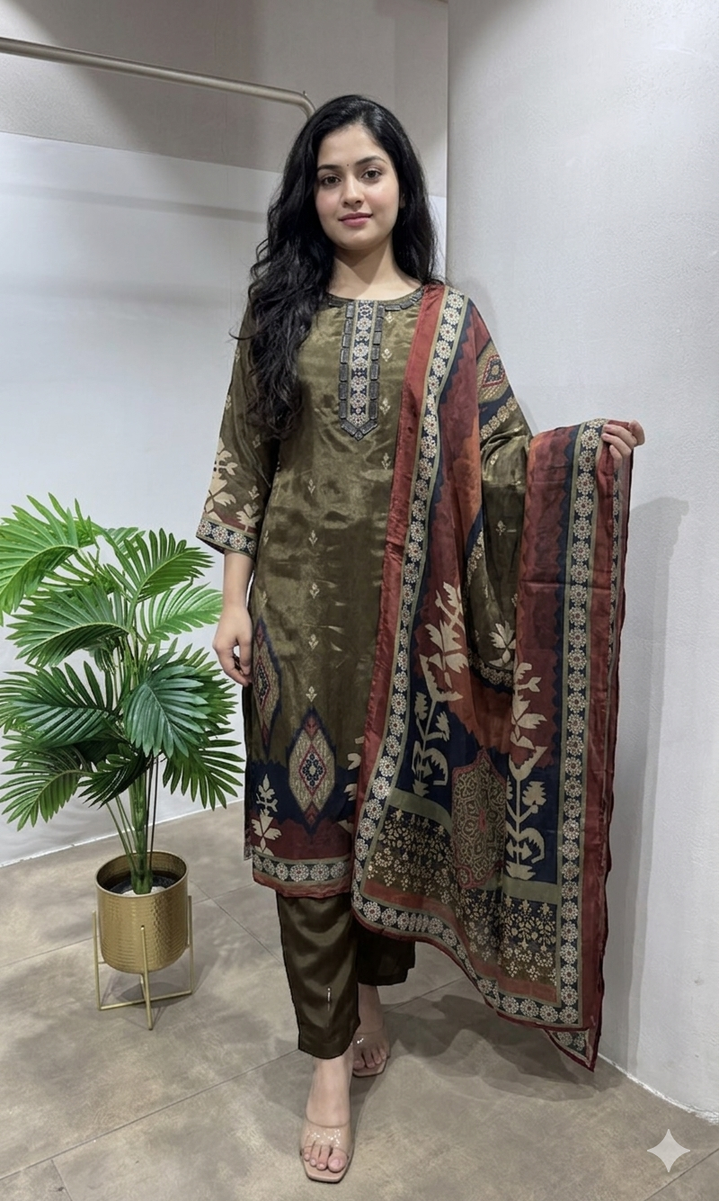 brown Embroidered Kurta Set