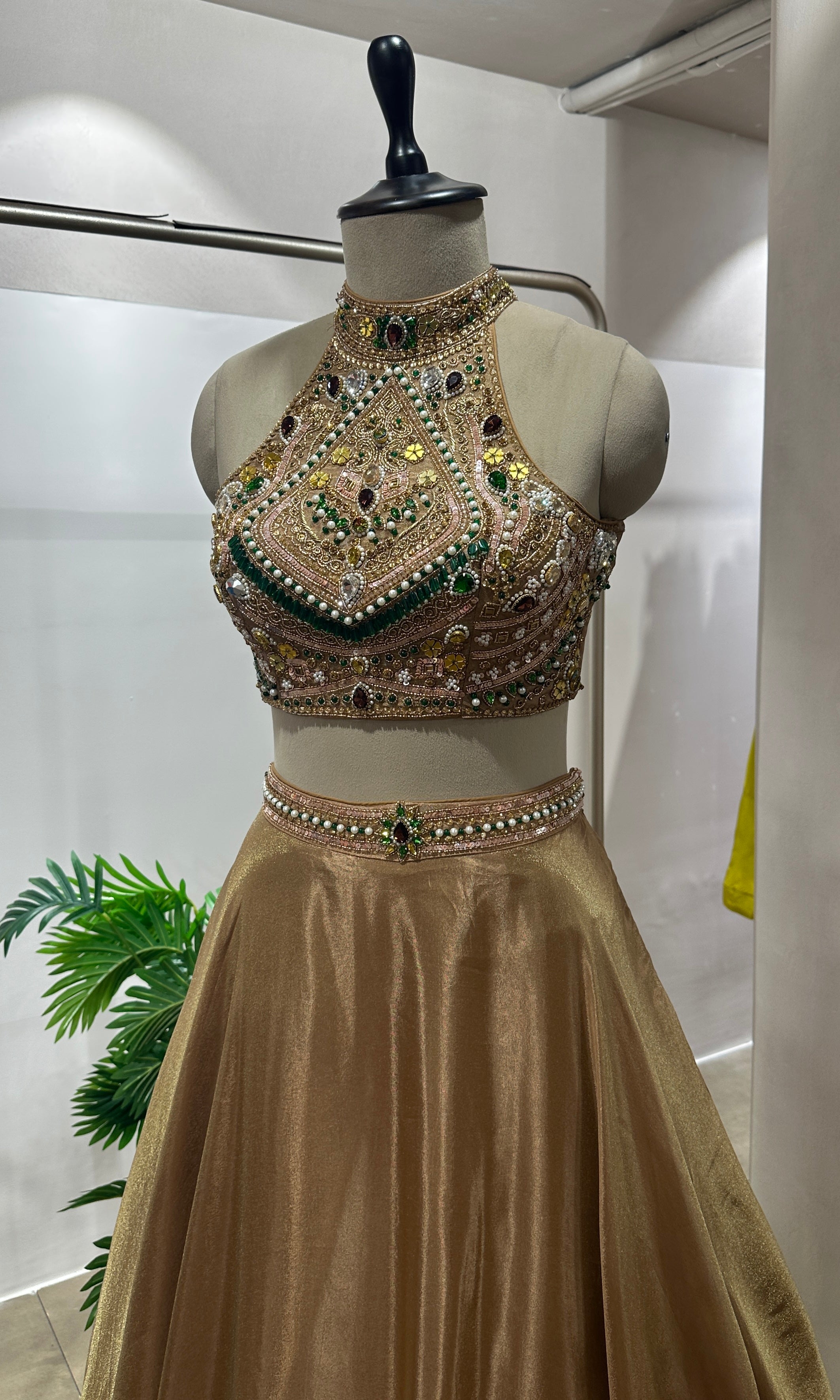 Golden lehenga with embellished halter neck