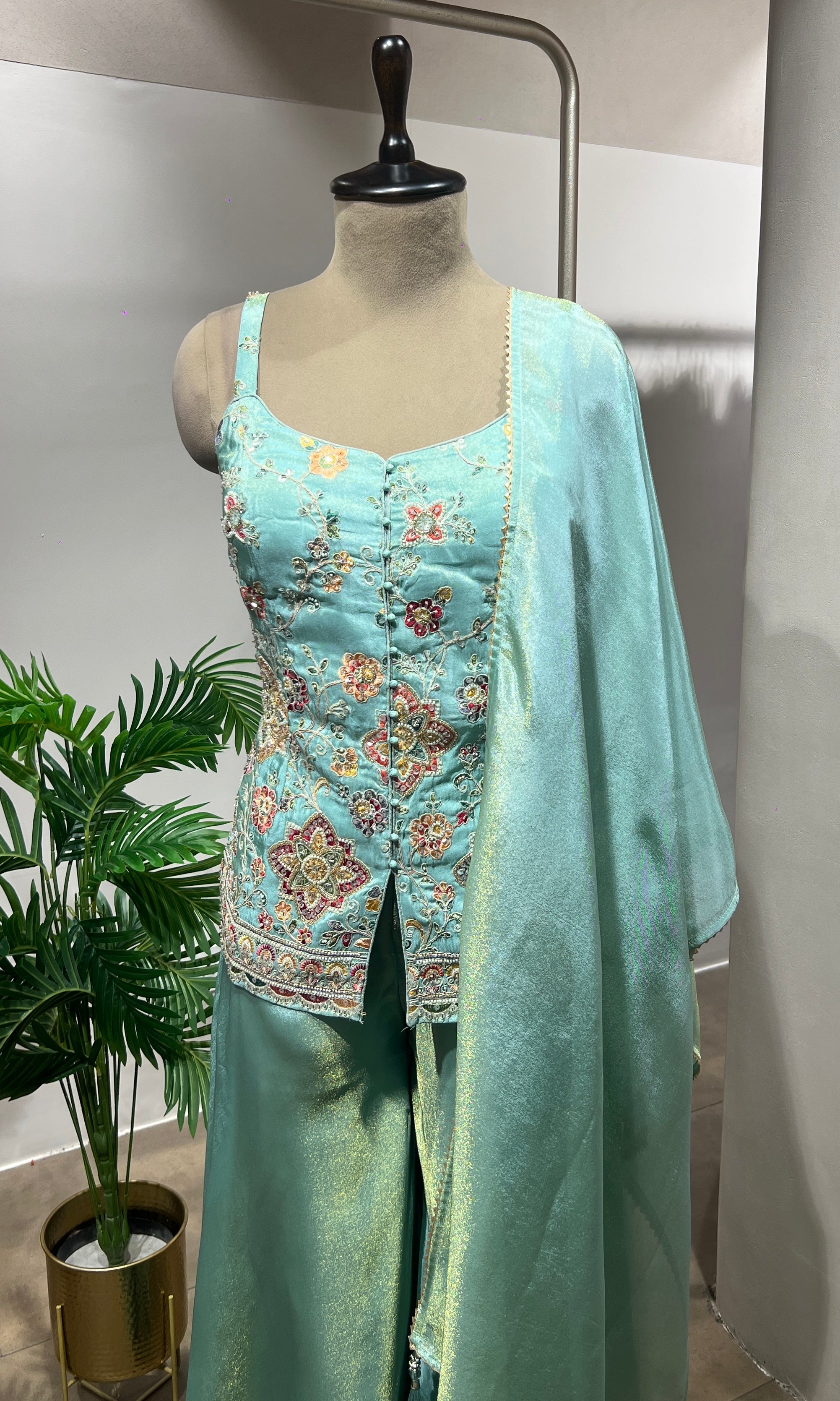 PISTA Green Shimmer Tissue Peplum Suit