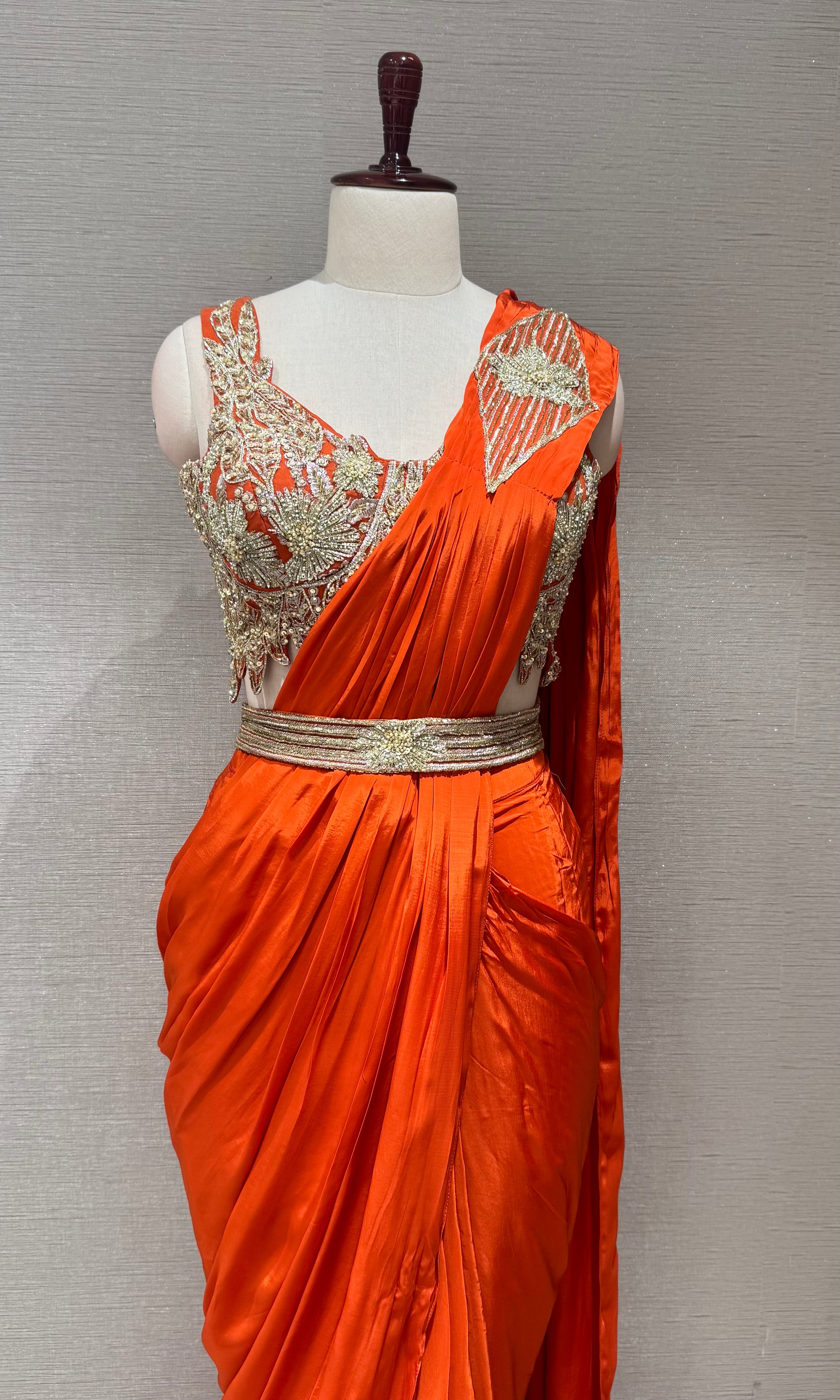 Orange Draped Saree with embroidered blouse & belt