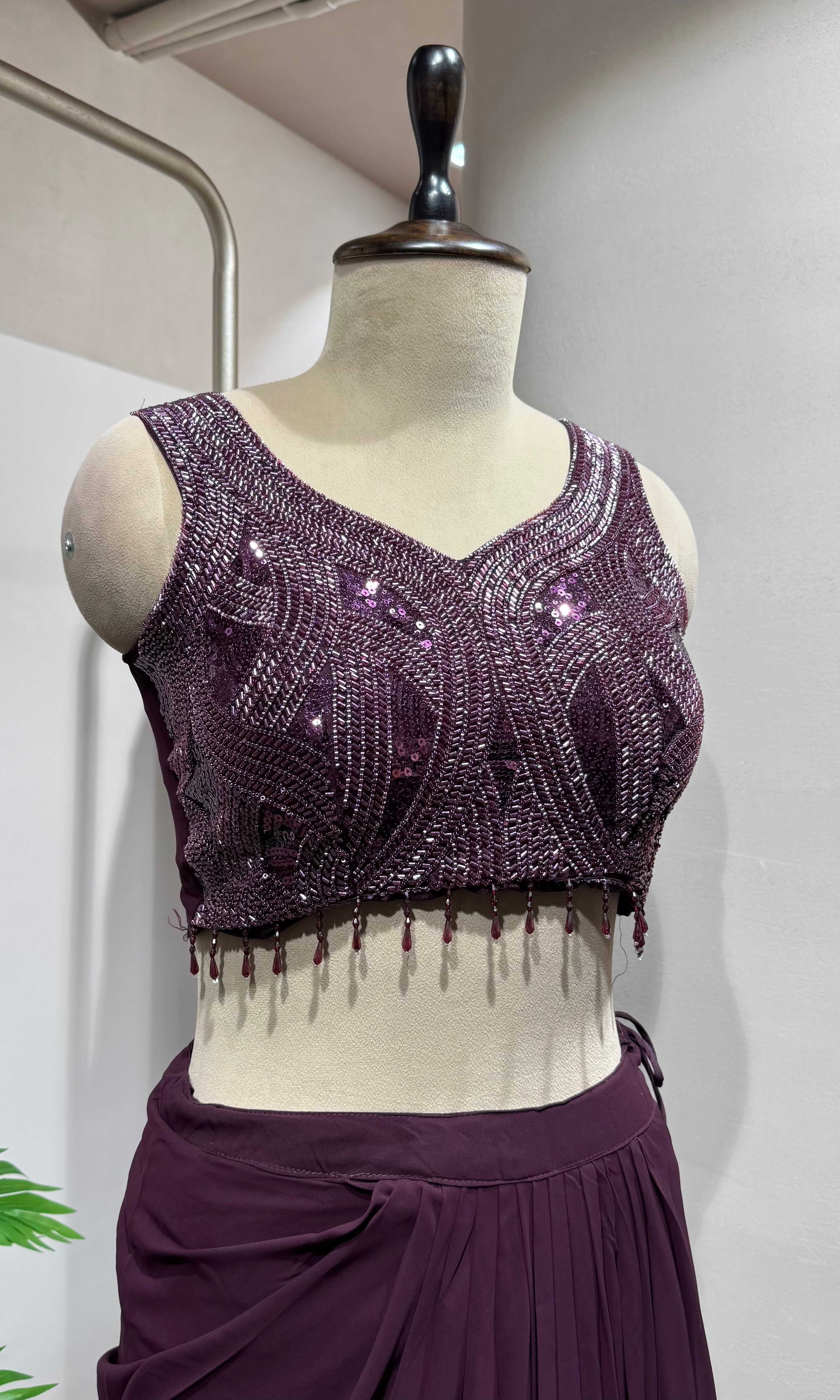 Wine Embellished Drape skirt Set with Flowing Cape