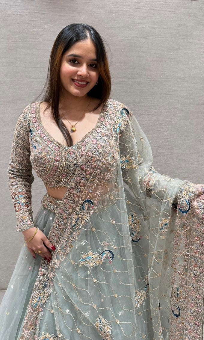 matcha green netted peacock Lehenga
