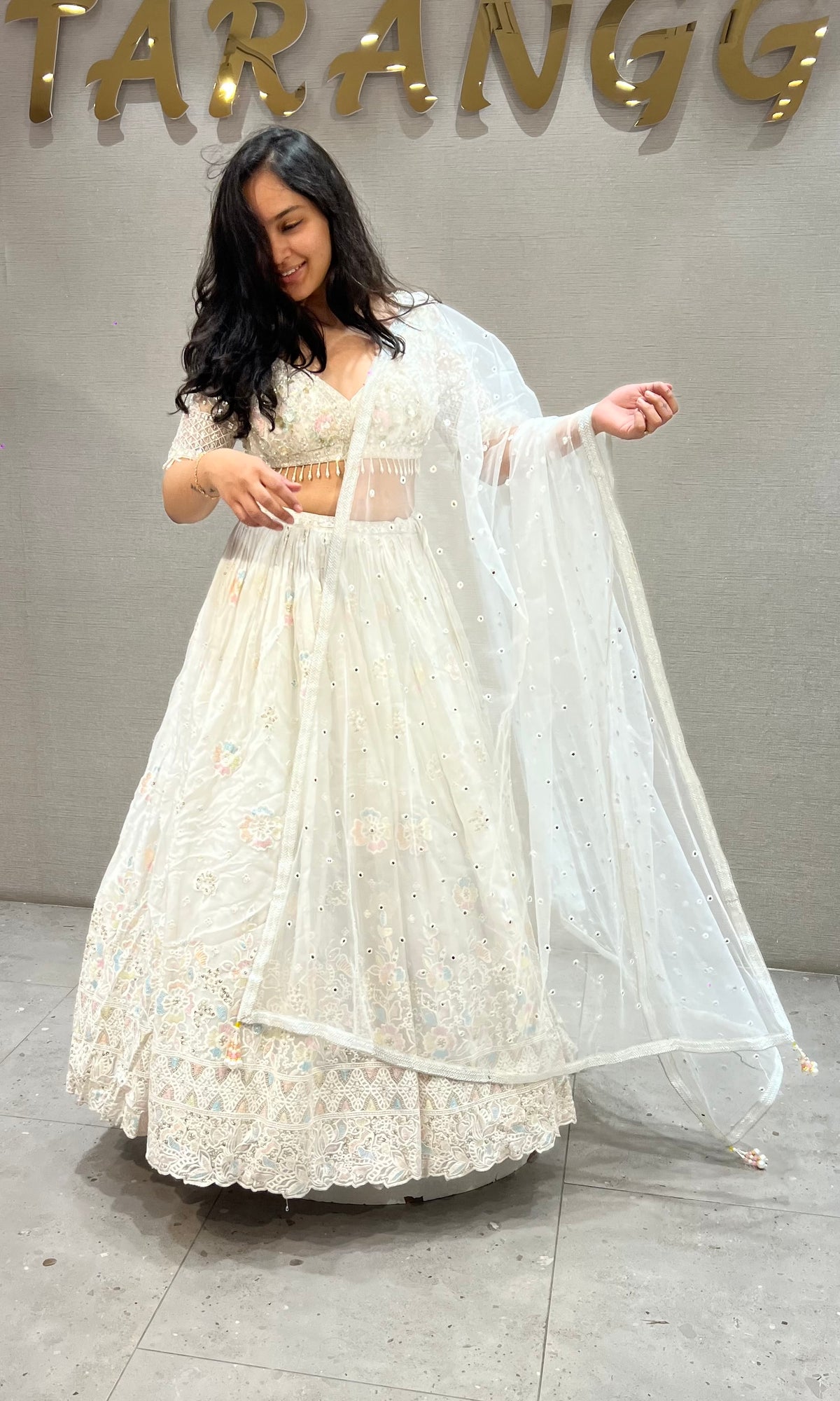 Cream Chikankari Lehenga Set with net dupatta