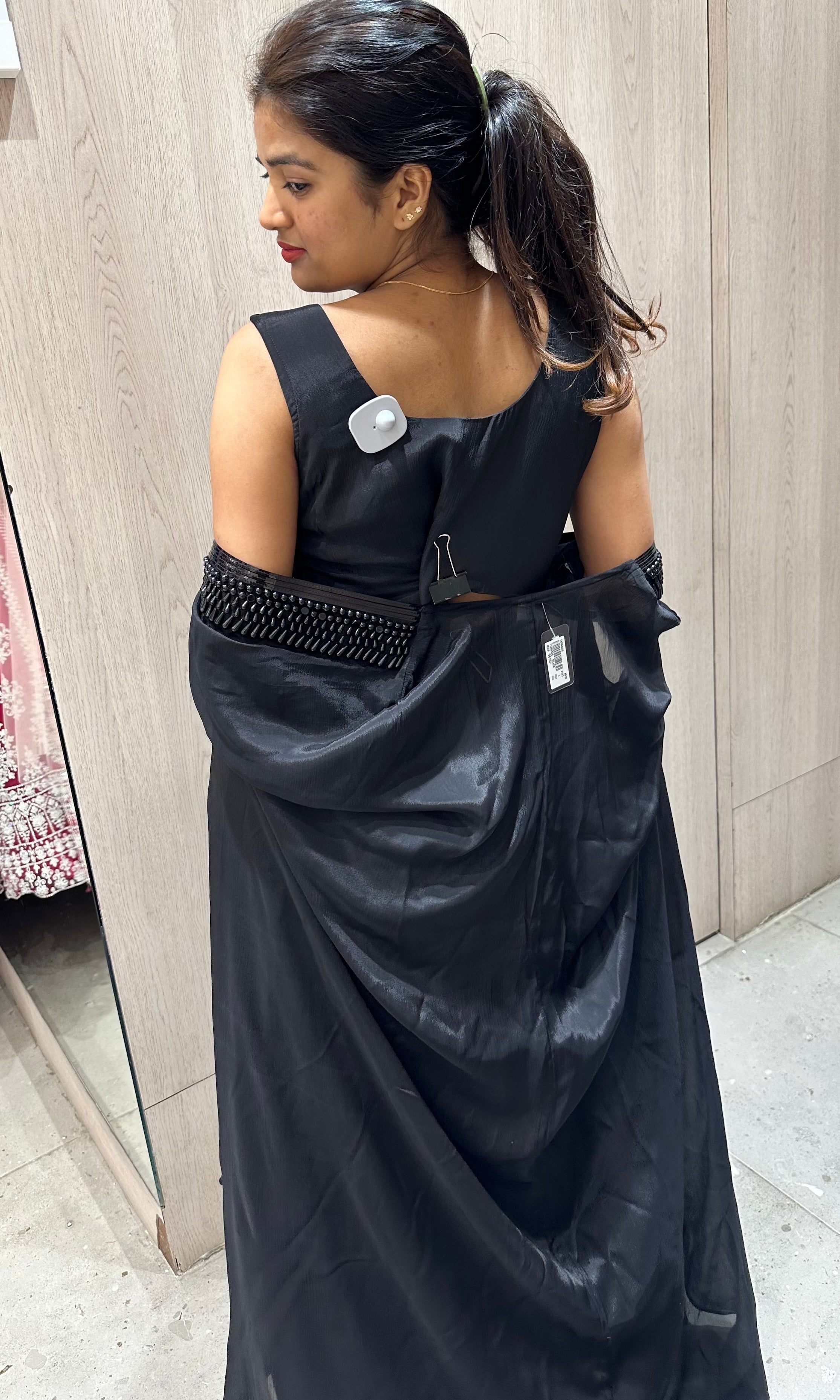 Black 3 piece Indo western long dress, coat crop top skirt