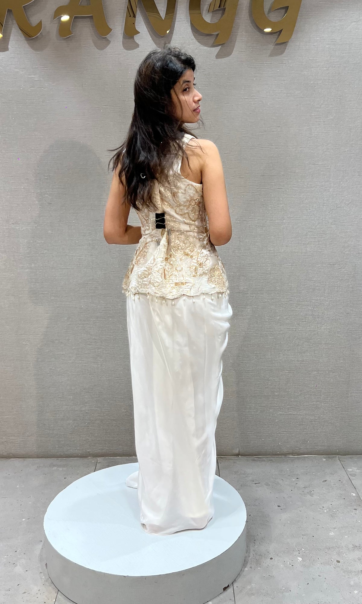 White Georgette Gold Embroidered Jacket with Draped Skirt