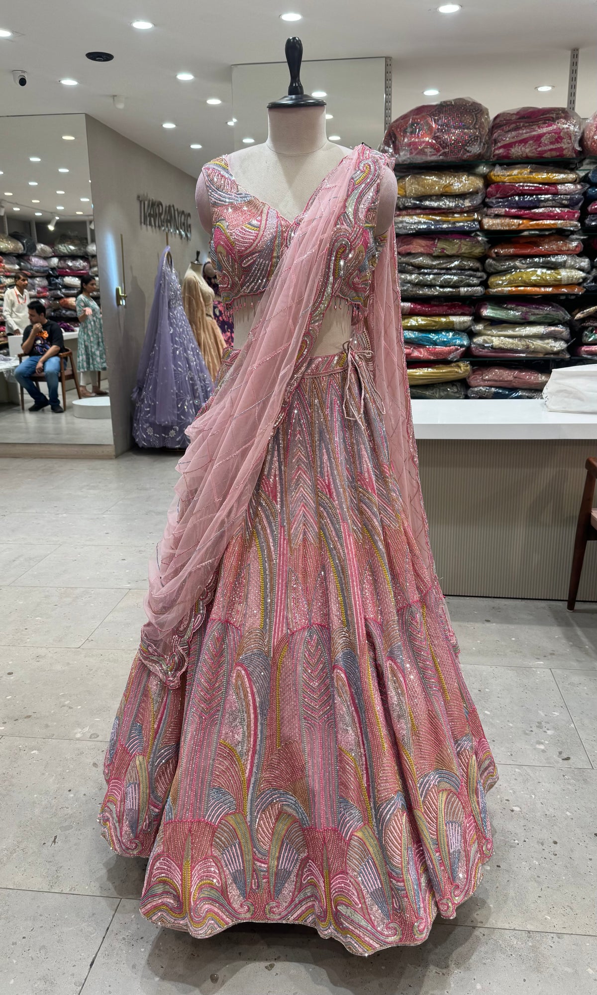 Rose Pink Multicolor Sequin bridal Lehenga Set