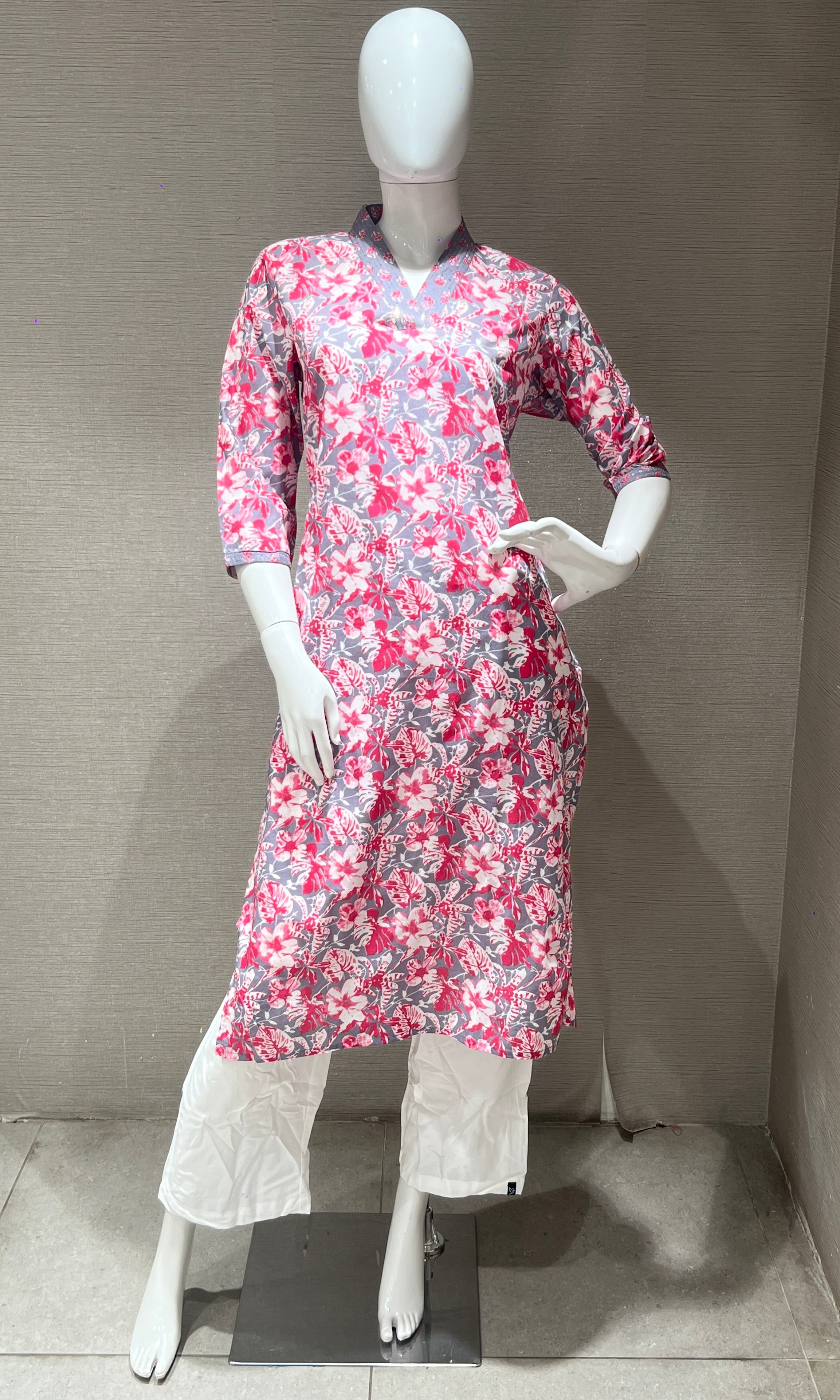 Pink and Grey Floral Printed Kurti top