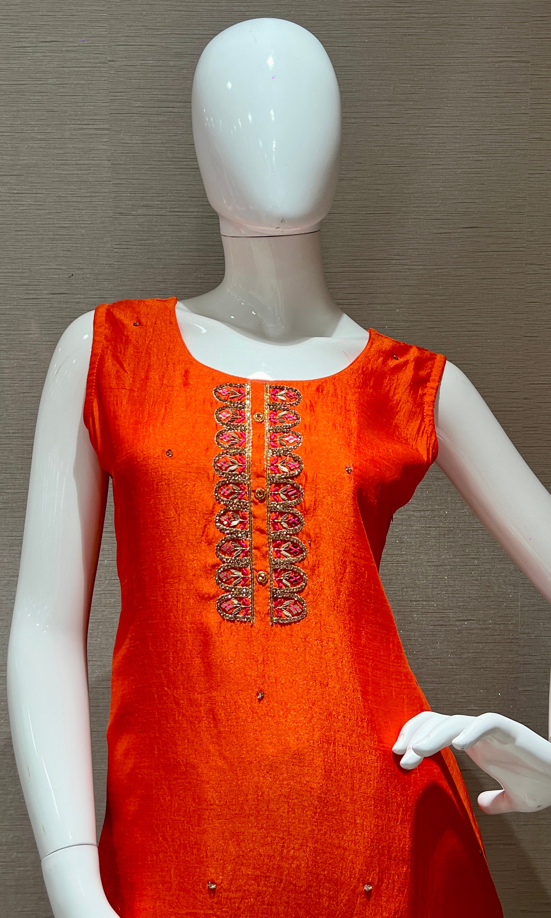 Orange Kurta set with Pink Brocade Dupatta