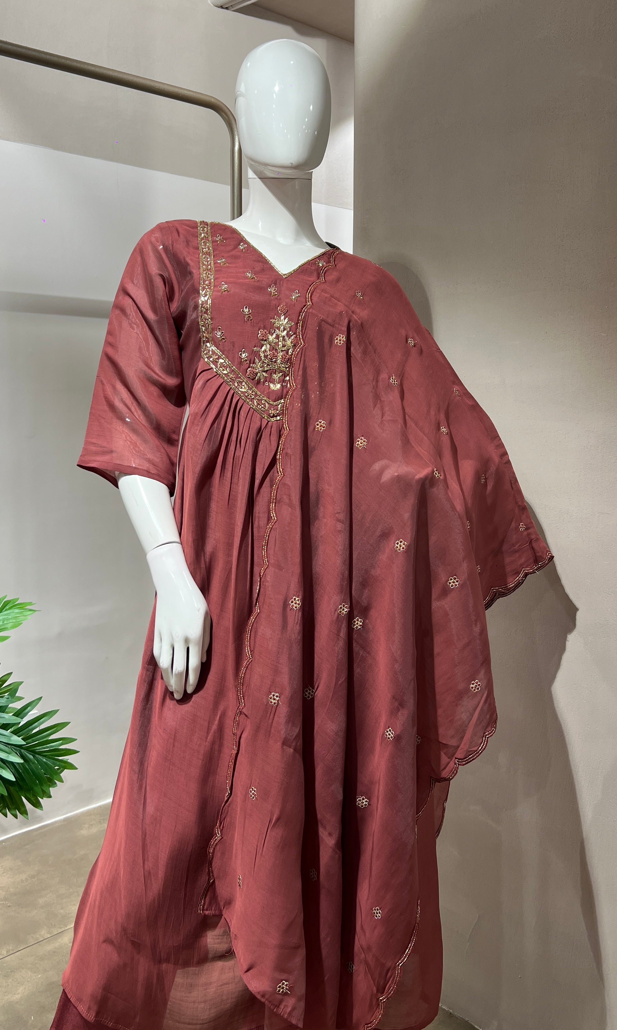 MAROON MUL CHANDERI KURTA SET