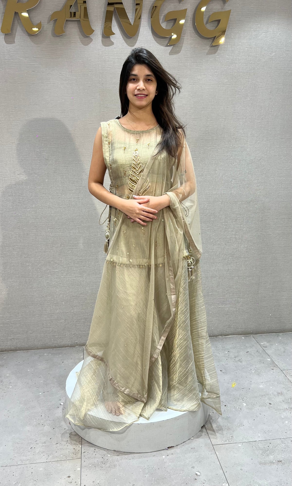 Beige Embroidered Shimmer palazzo Set with Dupatta