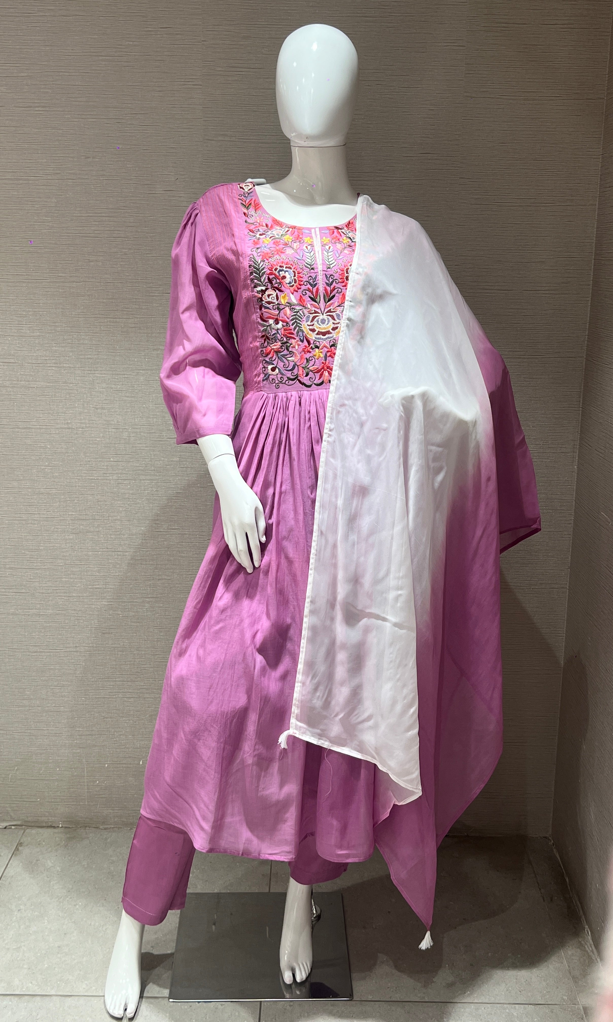 Purple mul Chanderi Anarkali kurta set