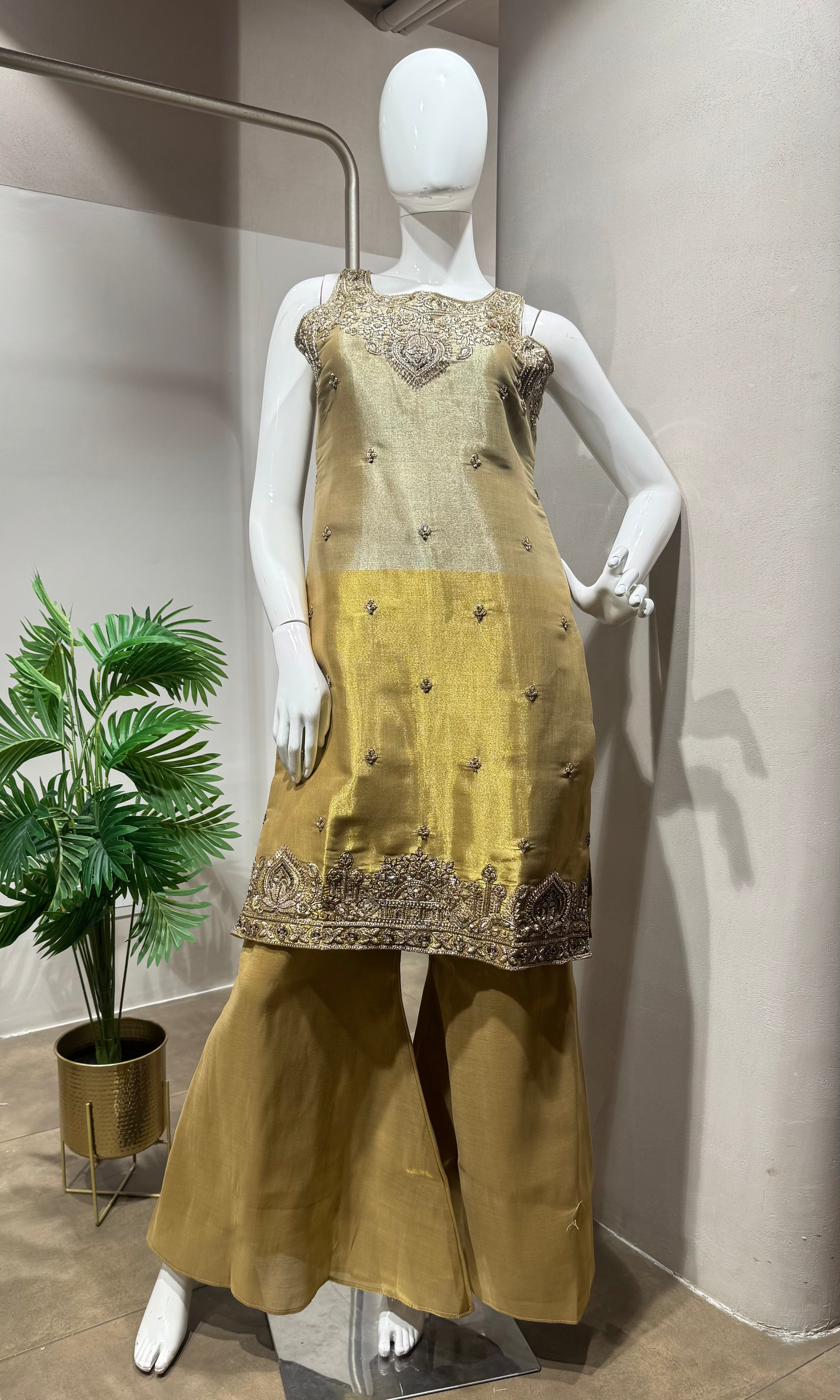 Gold Tissue Silk Sharara Ensemble
