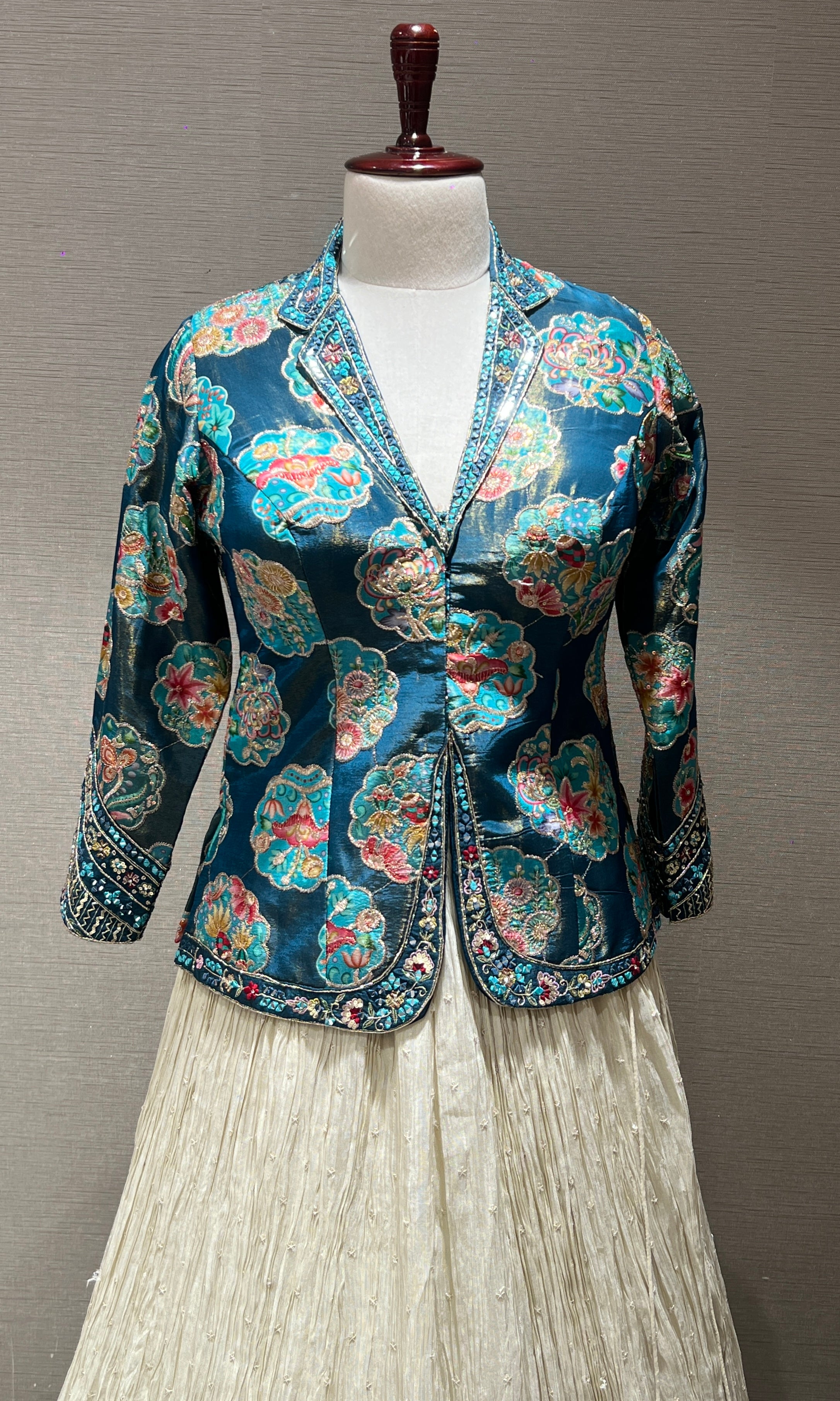 Blue printed embroidered jacket lehenga