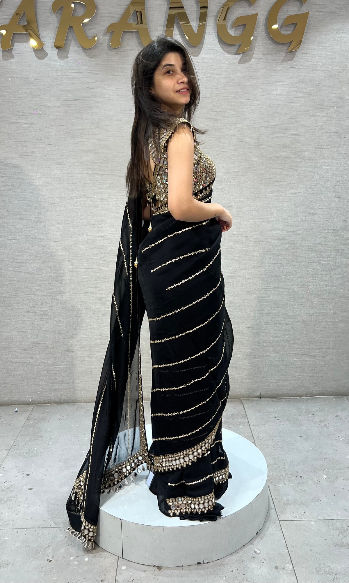 Black Georgette Saree with Golden Zari & Mirror Embroidery
