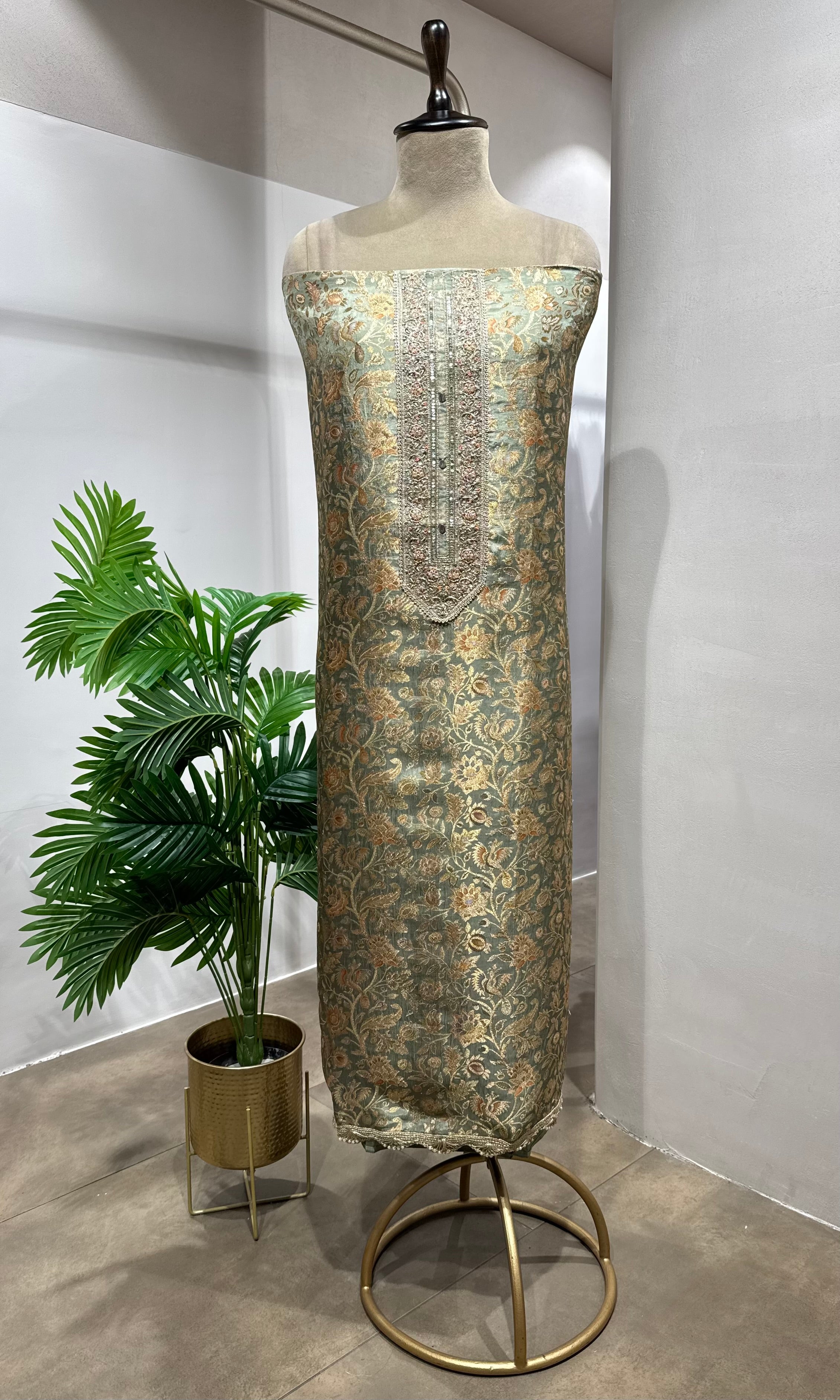 PISTA GREEN BANARASI SILK DRESS MATERIAL