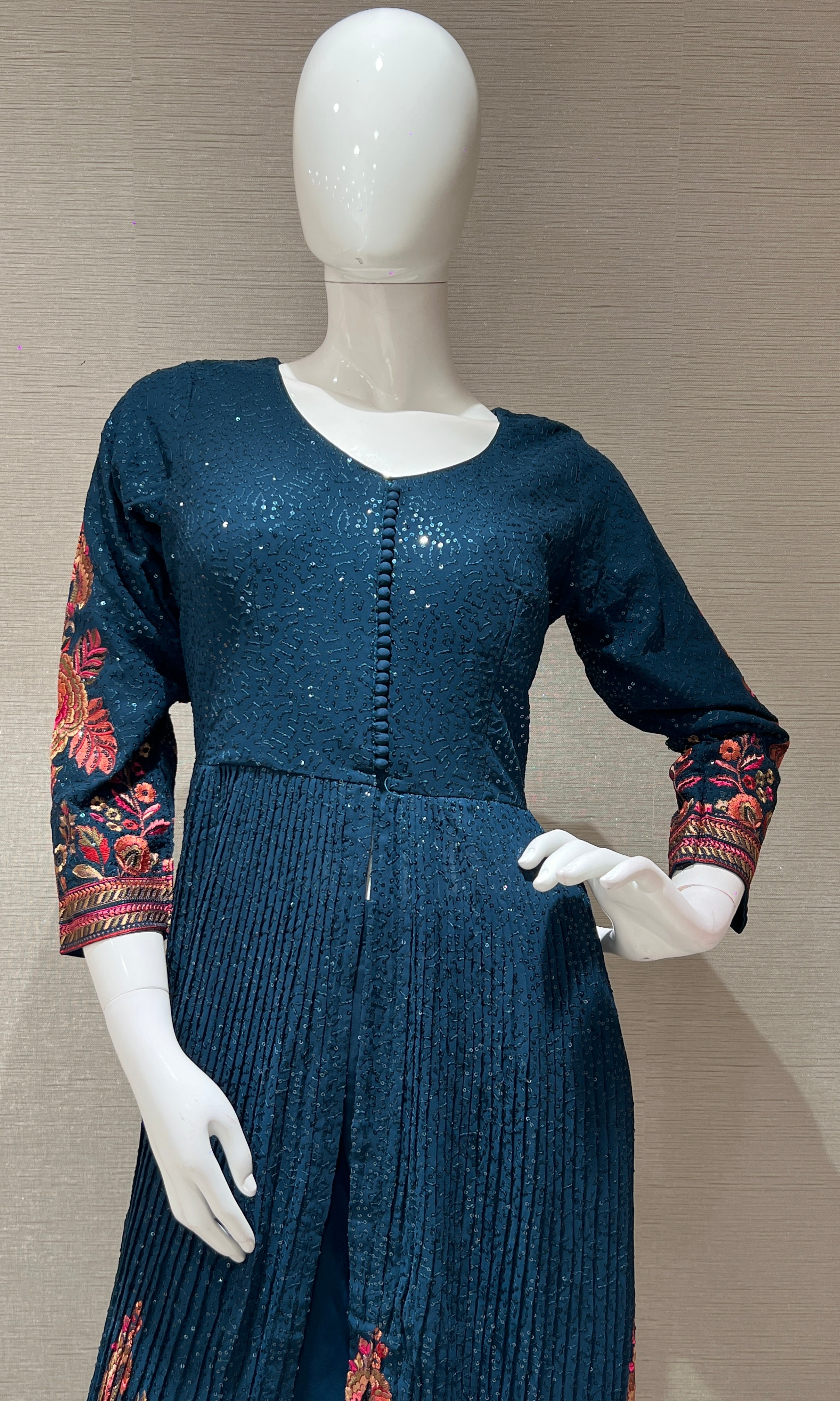 Blue Floral Anarkali With Palazoo Pants