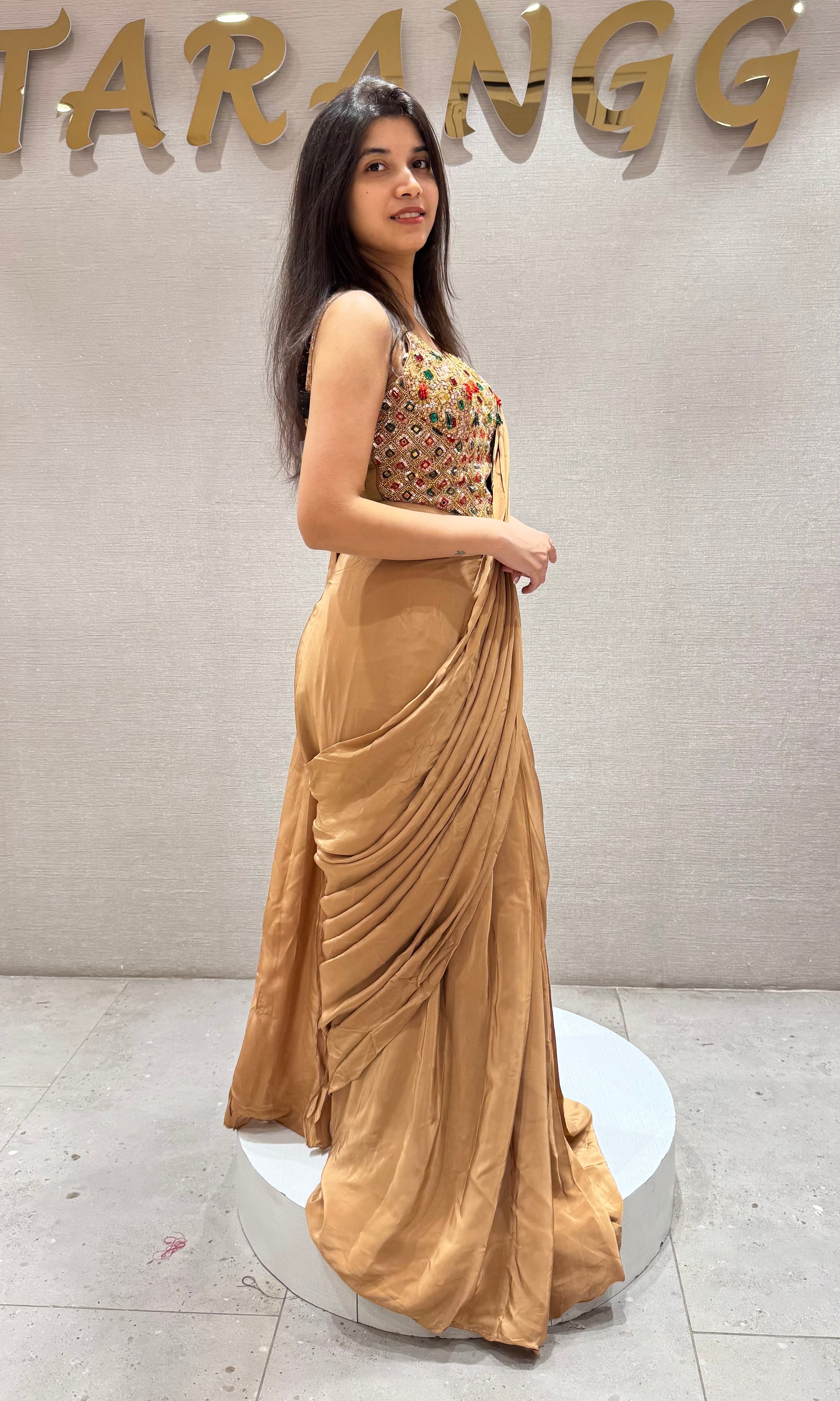 LIGHT BROWN Satin Silk Draped saree