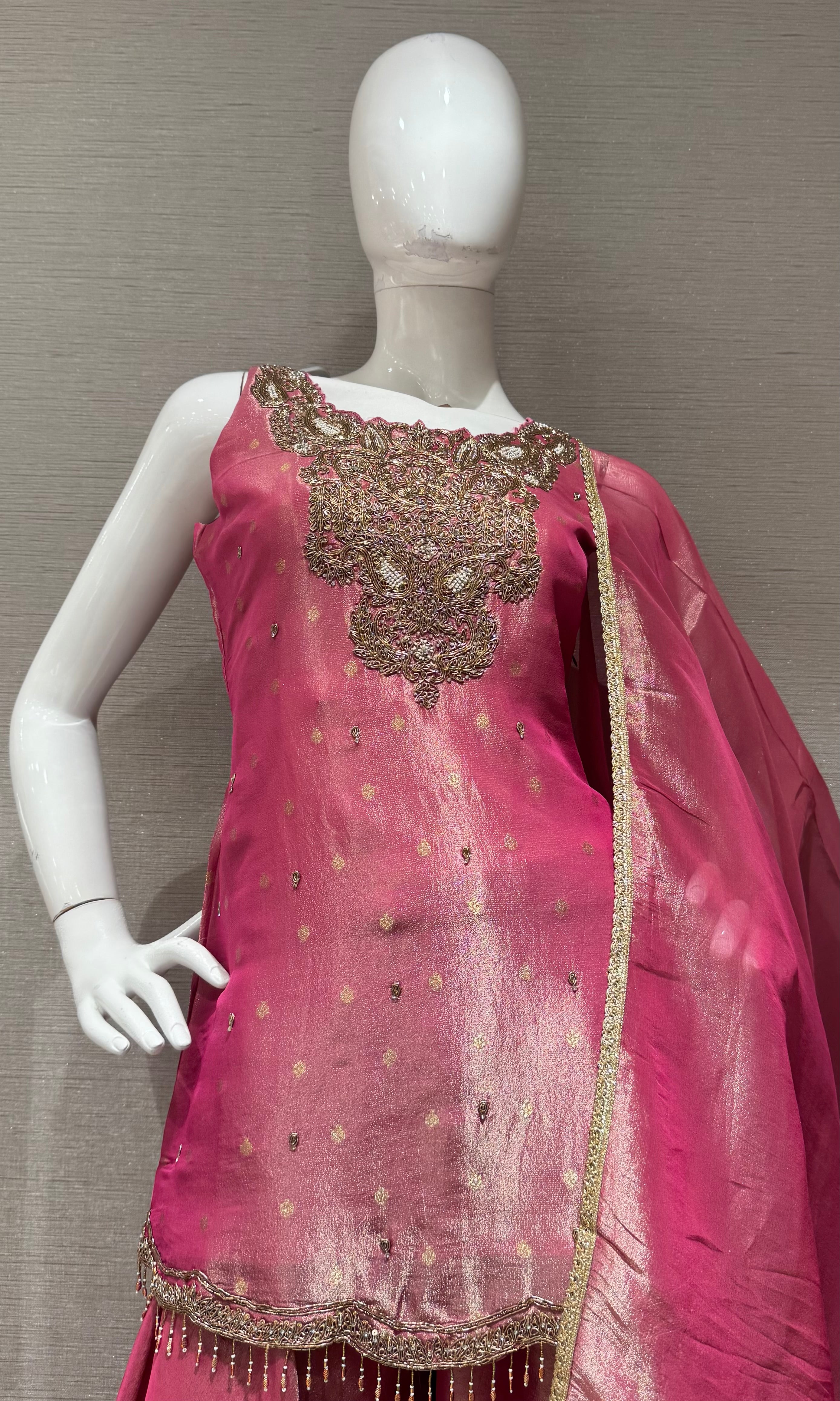 Rani Gold Tissue silk Embroidered Sharara Set