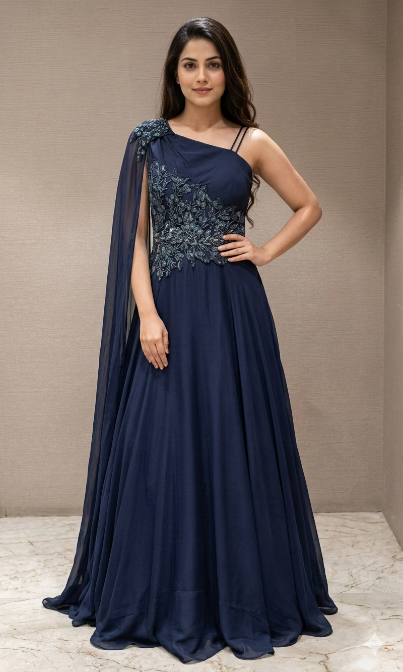 Navy blue long dress with butterfly one shoulder sleeve