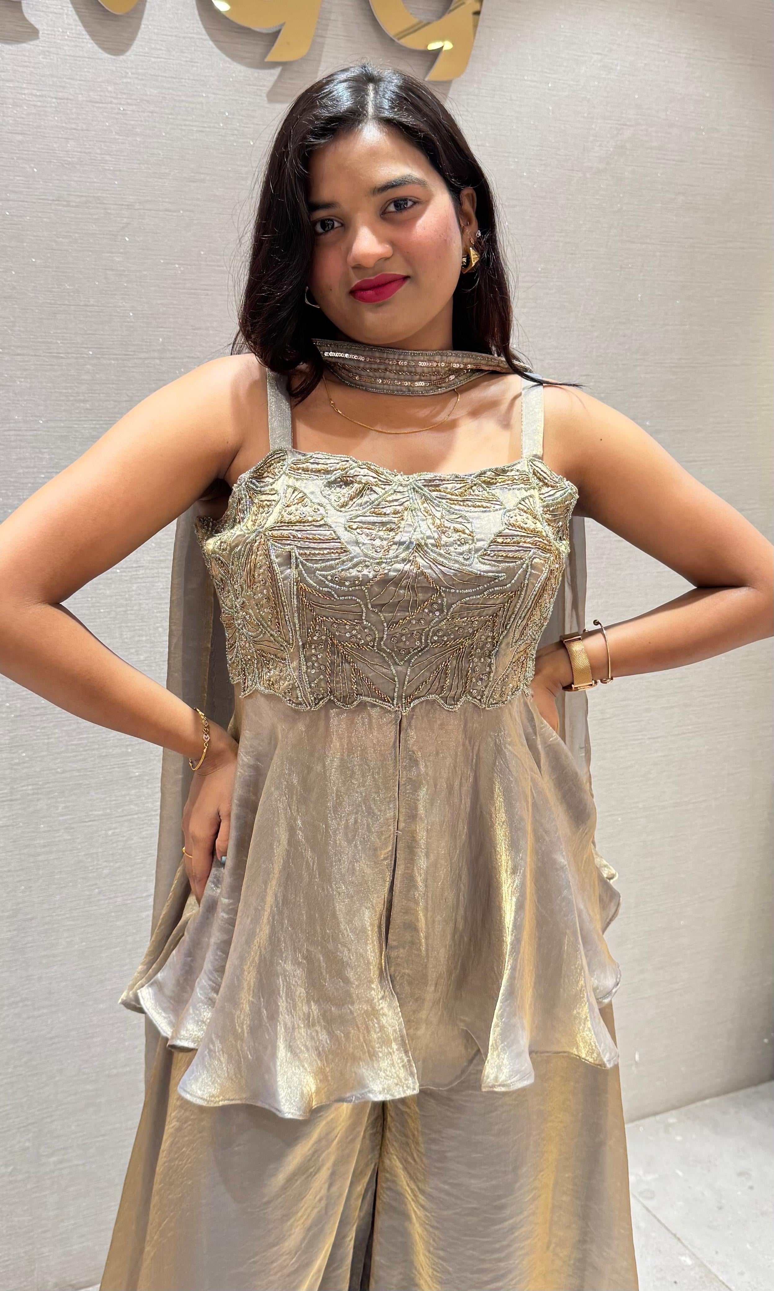 Grey PEPLUM EMBROIDERED palazzo SET