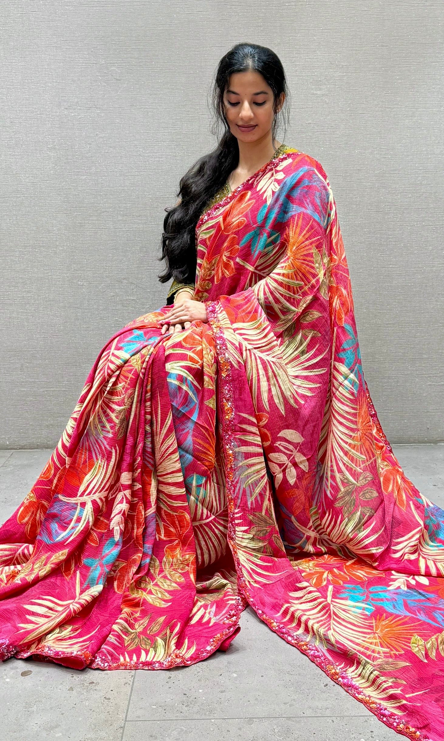 Red Pink digital printed crushed Georgette saree with ready blouse