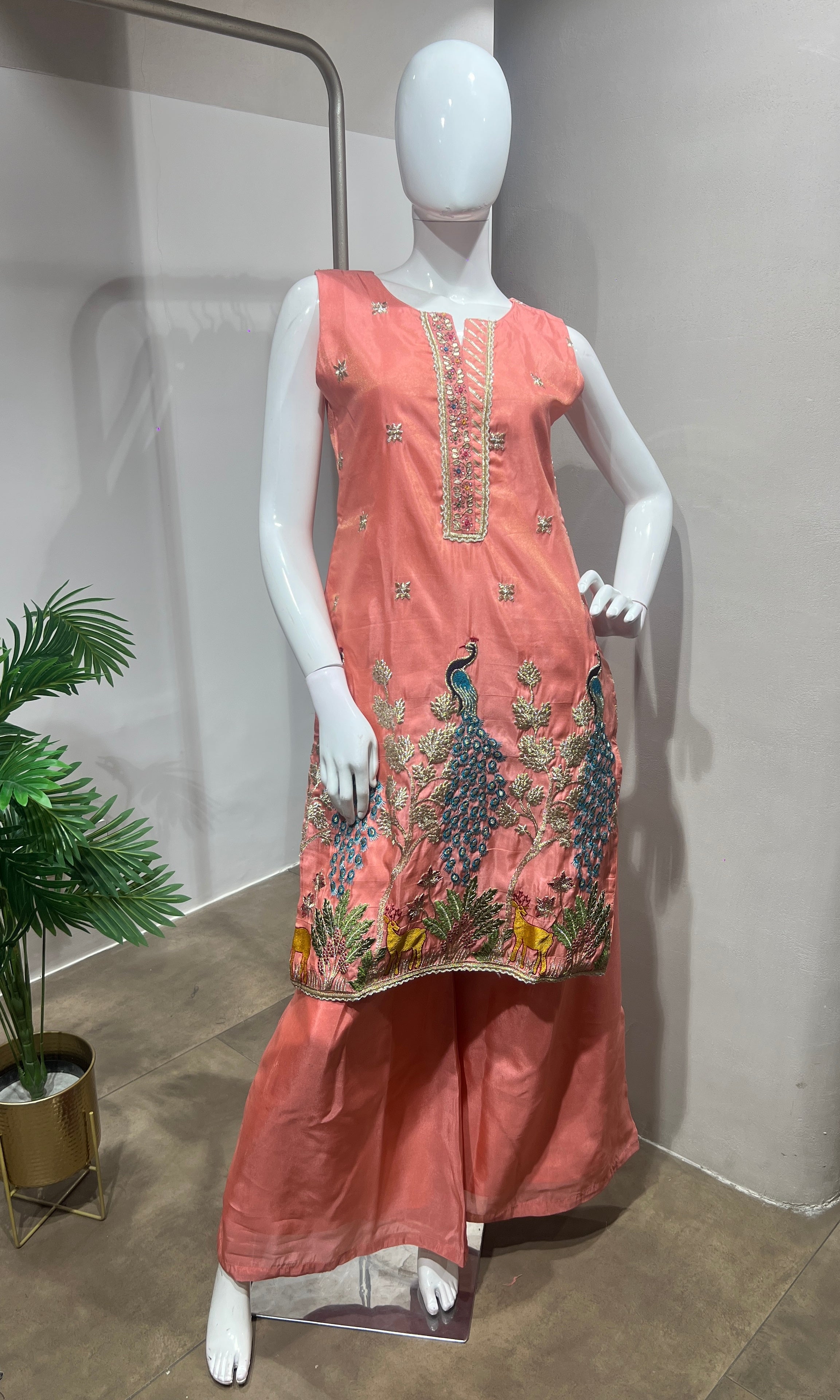 Peach Peacock Embroidered Palazzo SET