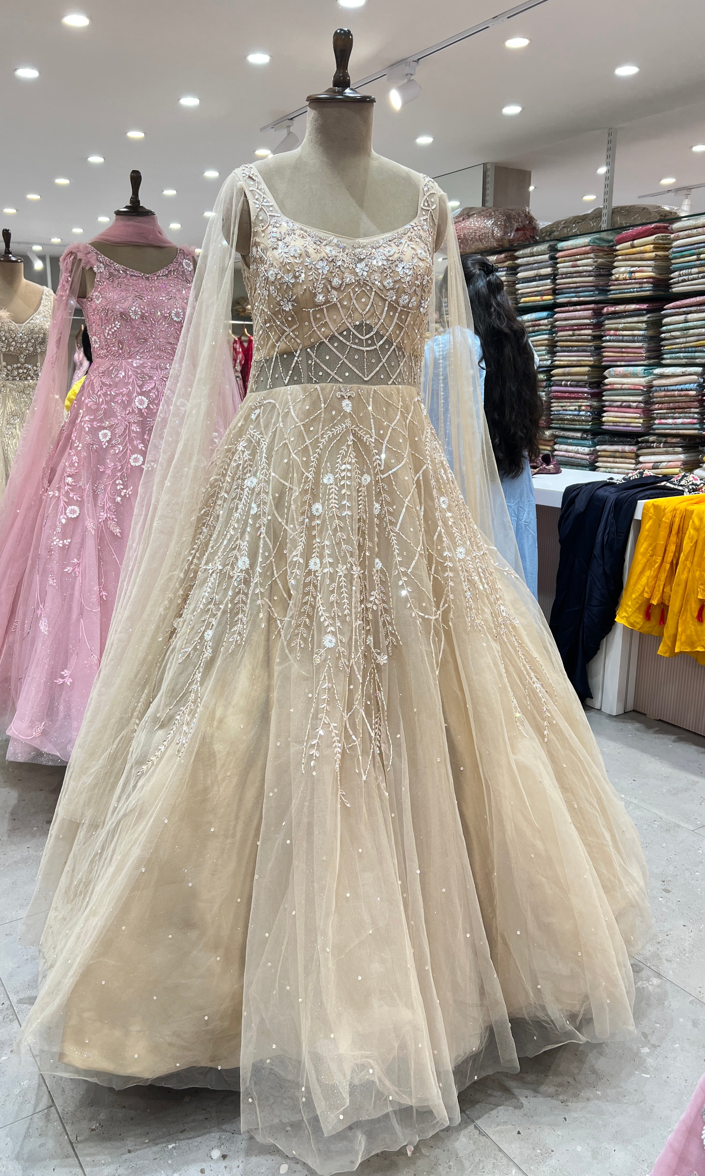 BEIGE CRYSTAL WORK NET GOWN