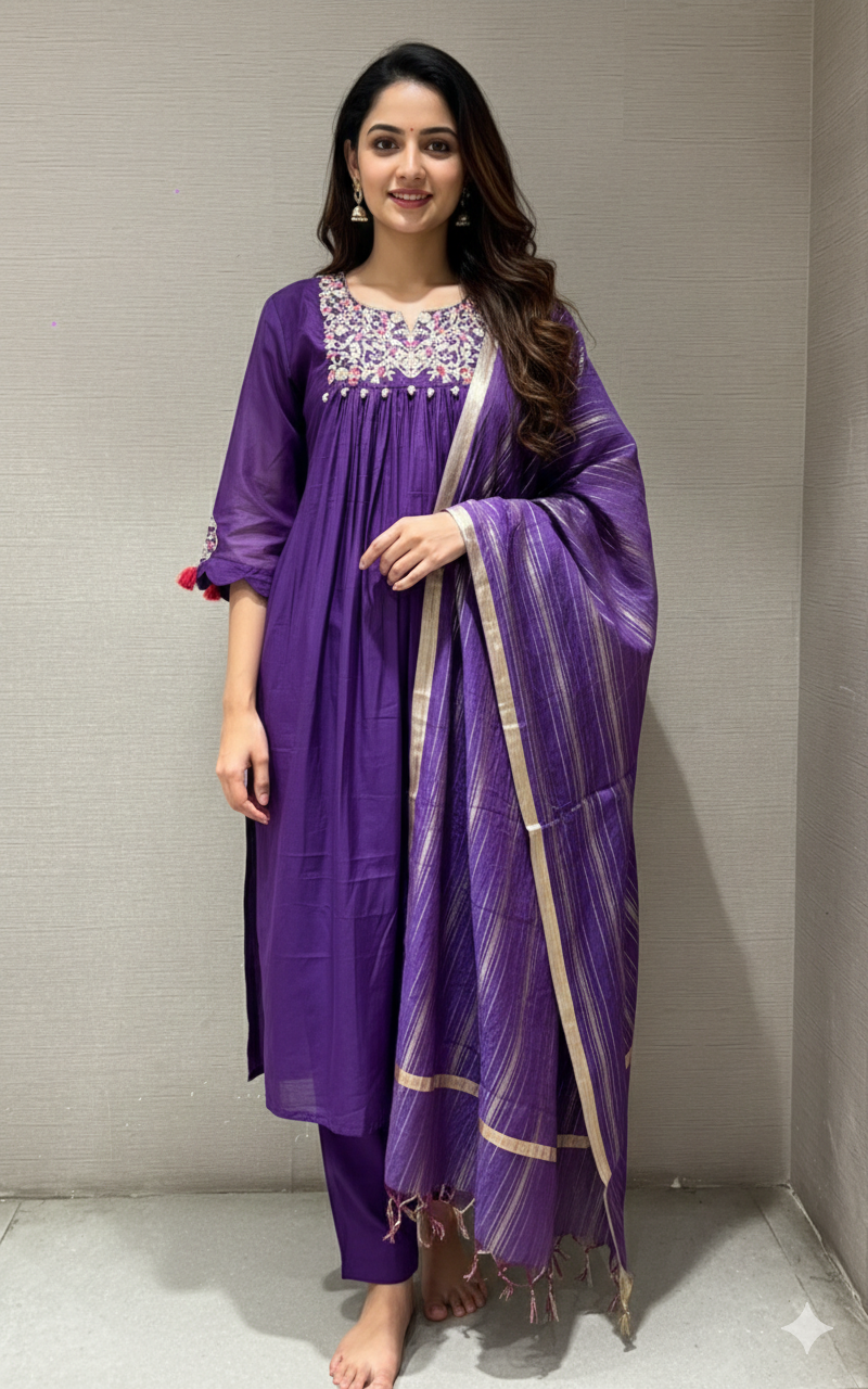 PURPLE EMBROIDERED A LINE KURTA SET