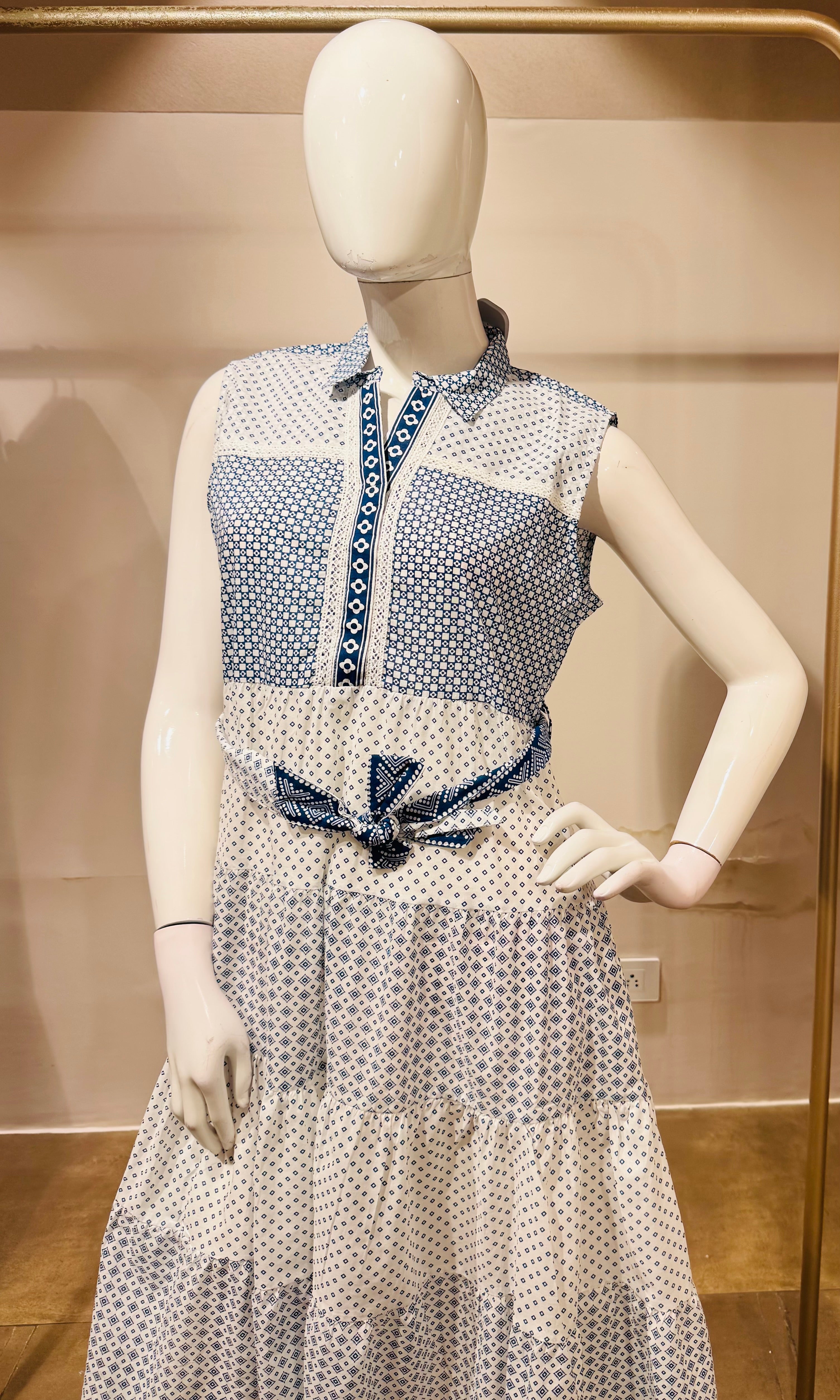 blue and white geometric printed frock