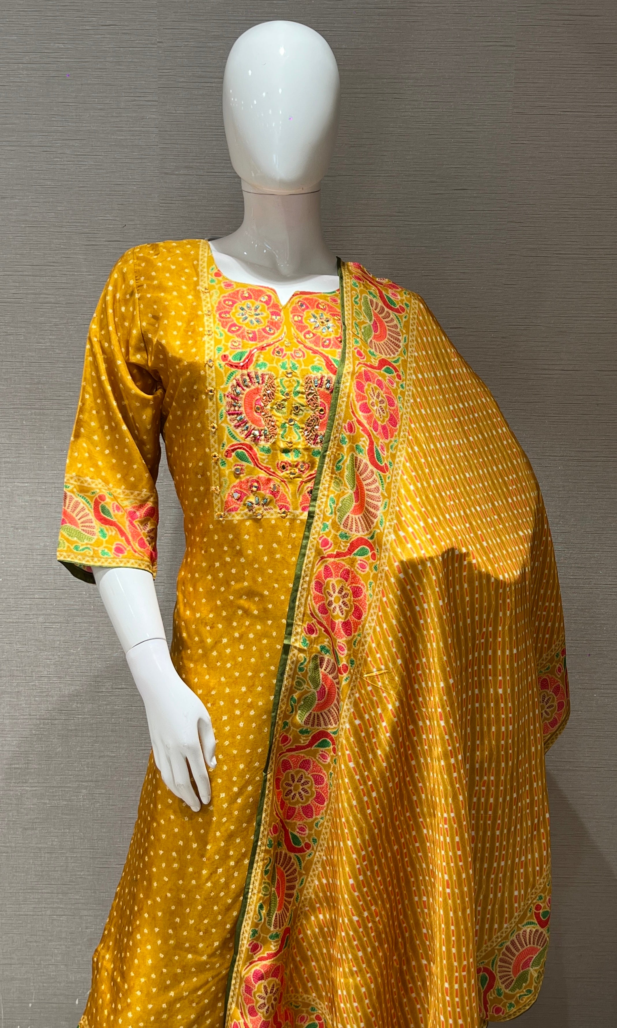 Mustard yellow floral embroidered kurta set