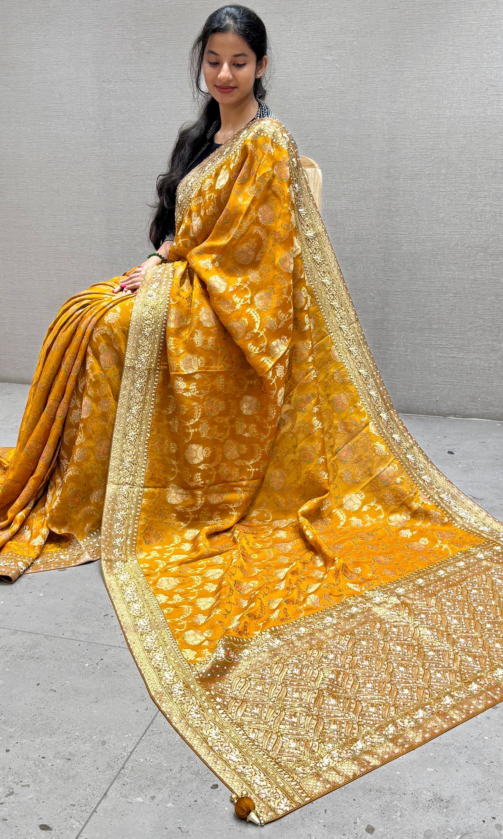 Golden Brown Banarasi saree with ready blouse